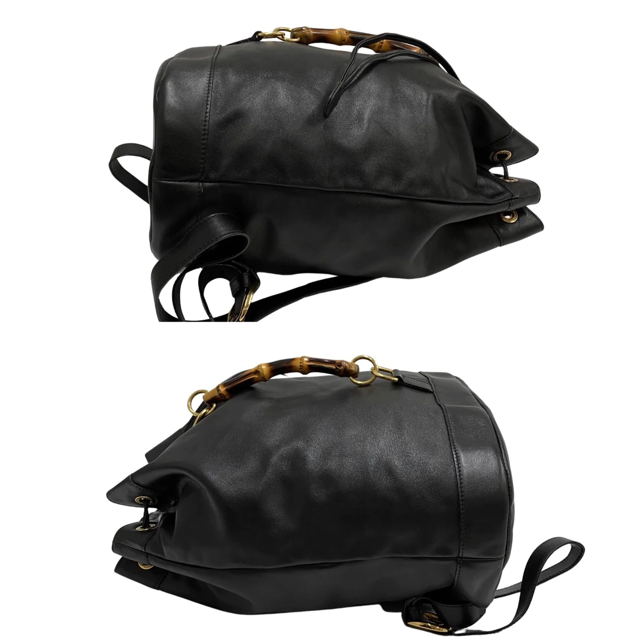 GUCCI VINTAGE 100% Authentic Genuine Leather Iconic Bamboo Handle Draw Strings Backpack, Large Size, Black, 2000's, Good Condition