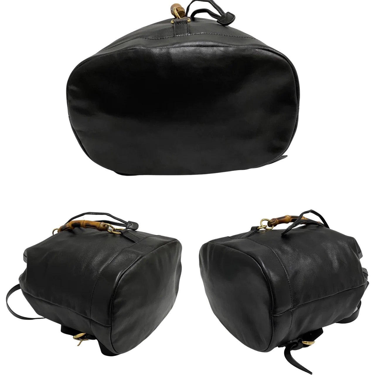 GUCCI VINTAGE 100% Authentic Genuine Leather Iconic Bamboo Handle Draw Strings Backpack, Large Size, Black, 2000's, Good Condition