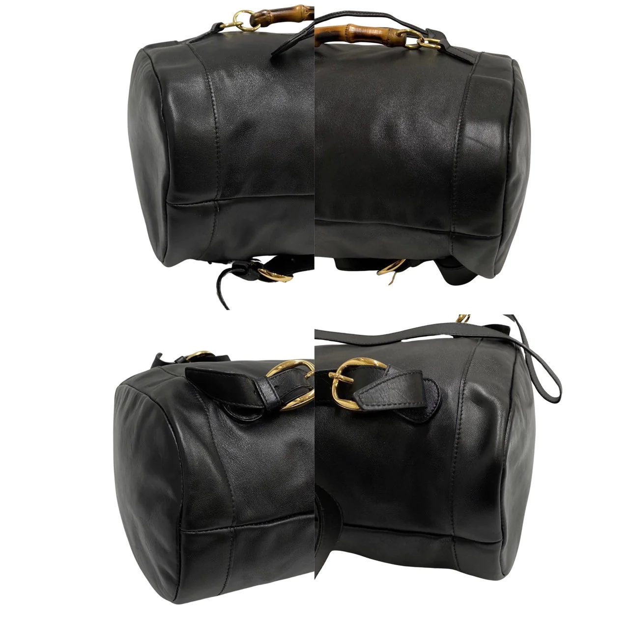GUCCI VINTAGE 100% Authentic Genuine Leather Iconic Bamboo Handle Draw Strings Backpack, Large Size, Black, 2000's, Good Condition