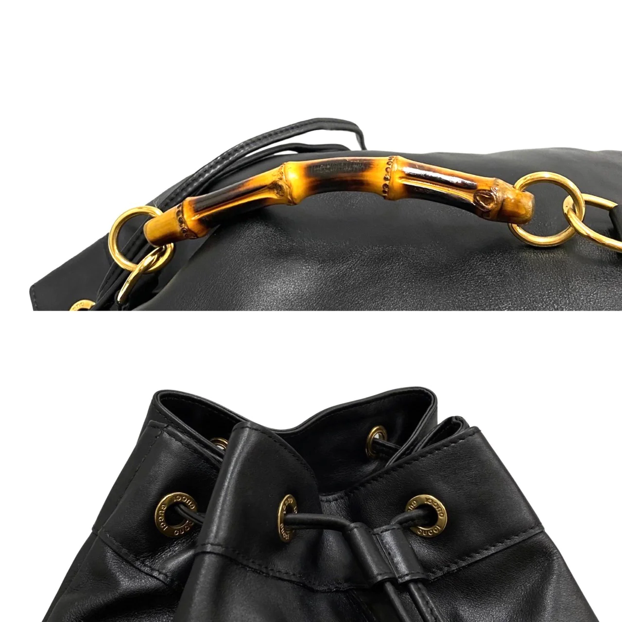 GUCCI VINTAGE 100% Authentic Genuine Leather Iconic Bamboo Handle Draw Strings Backpack, Large Size, Black, 2000's, Good Condition