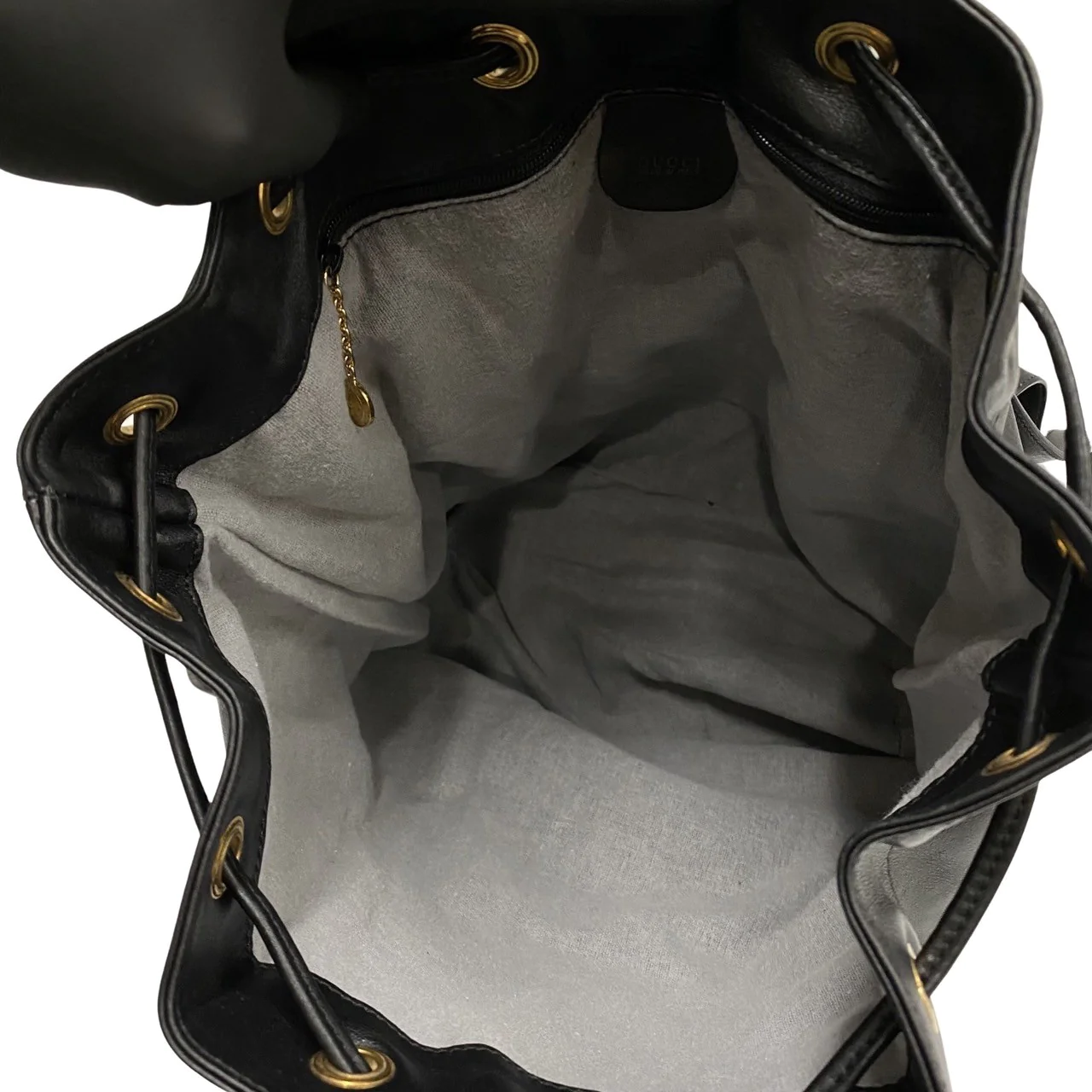 GUCCI VINTAGE 100% Authentic Genuine Leather Iconic Bamboo Handle Draw Strings Backpack, Large Size, Black, 2000's, Good Condition