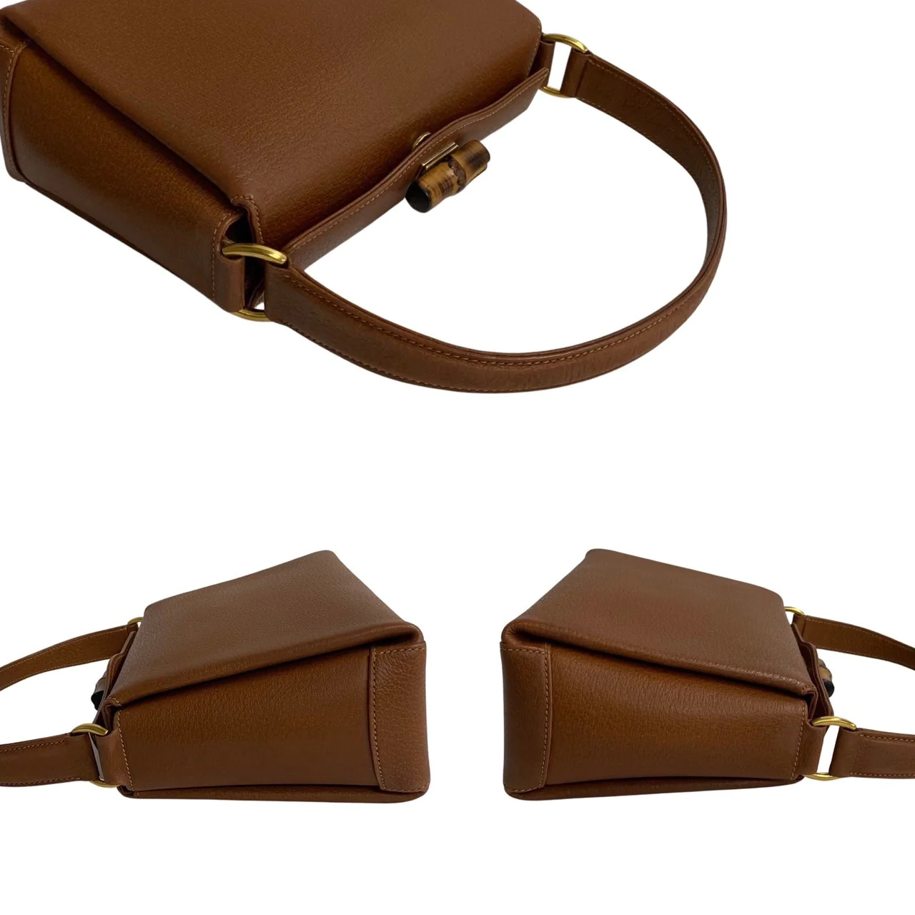 GUCCI VINTAGE 100% Authentic Genuine Leather Bamboo Turn Lock Two-way Shoulder Bag, Brown, 1990's, Great Condition, Grade AB