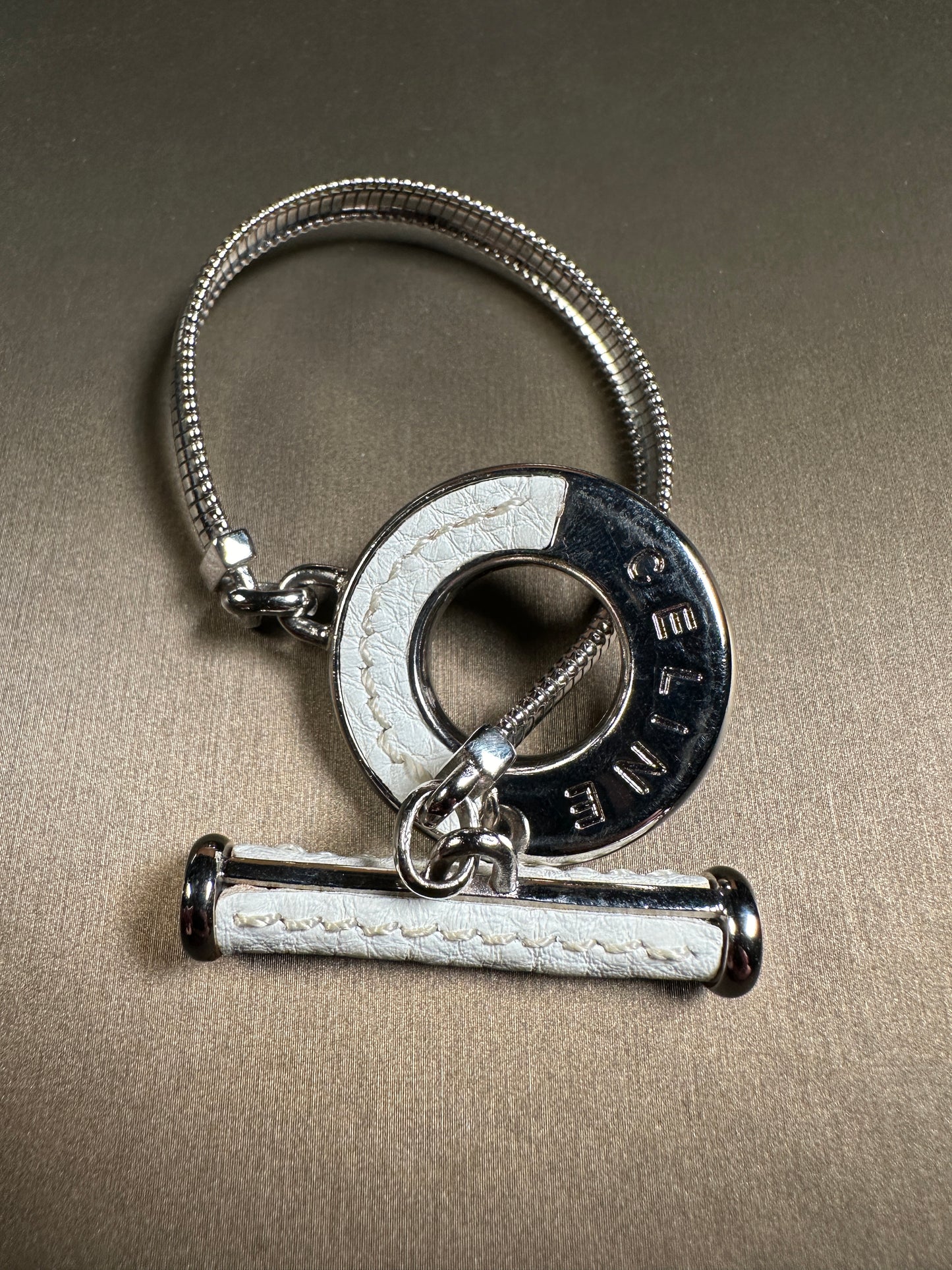 CELINE VINTAGE 100% Authentic Bracelet with White Leather Accent, O/T Toggle, 1990's, Great Condition, with Original Box