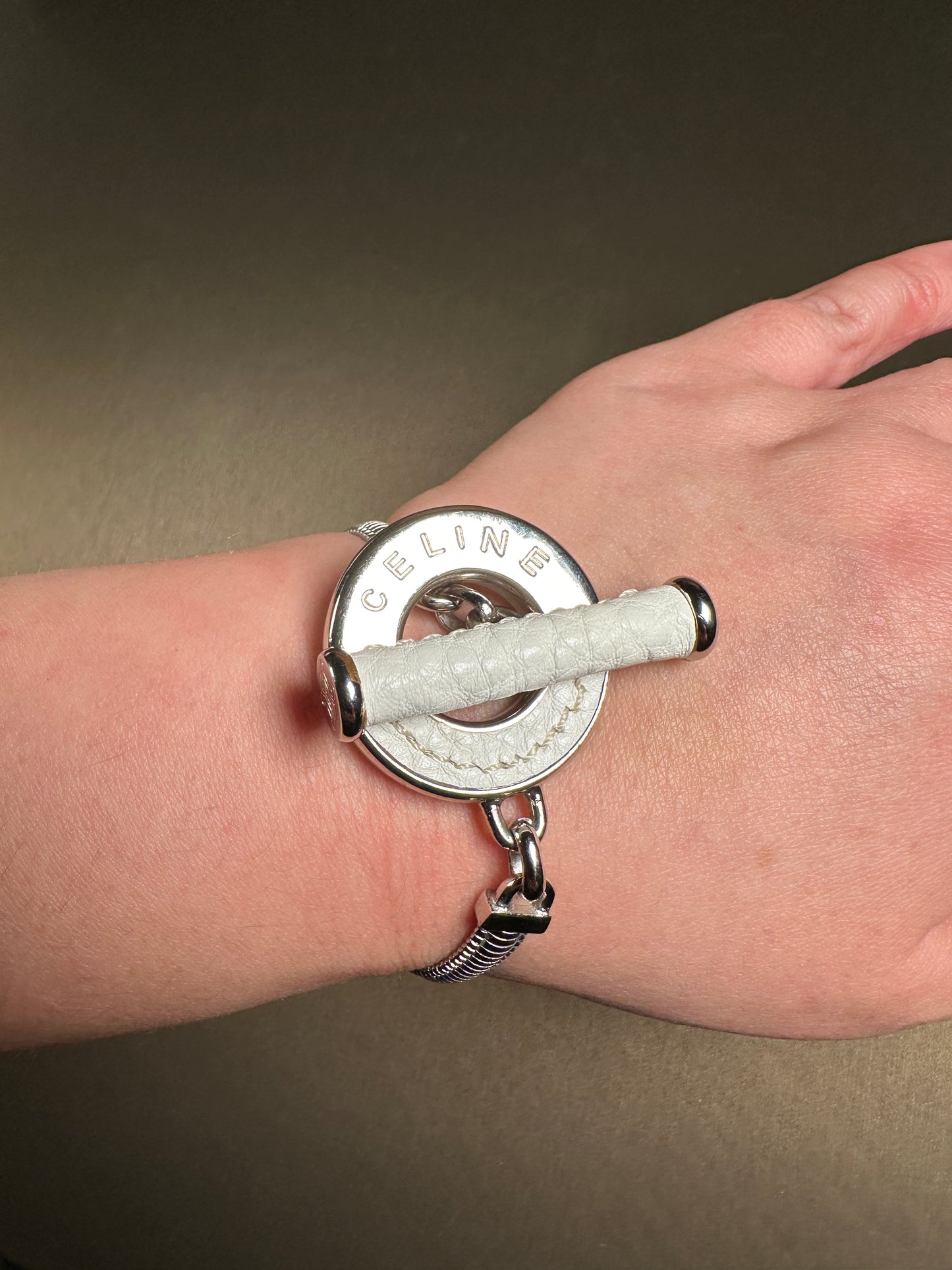 CELINE VINTAGE 100% Authentic Bracelet with White Leather Accent, O/T Toggle, 1990's, Great Condition, with Original Box