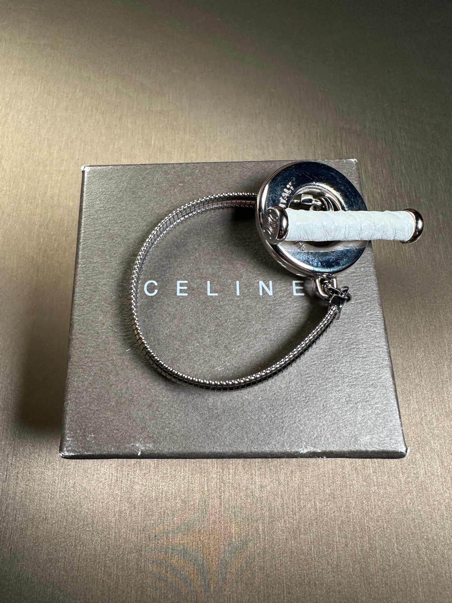 CELINE VINTAGE 100% Authentic Bracelet with White Leather Accent, O/T Toggle, 1990's, Great Condition, with Original Box