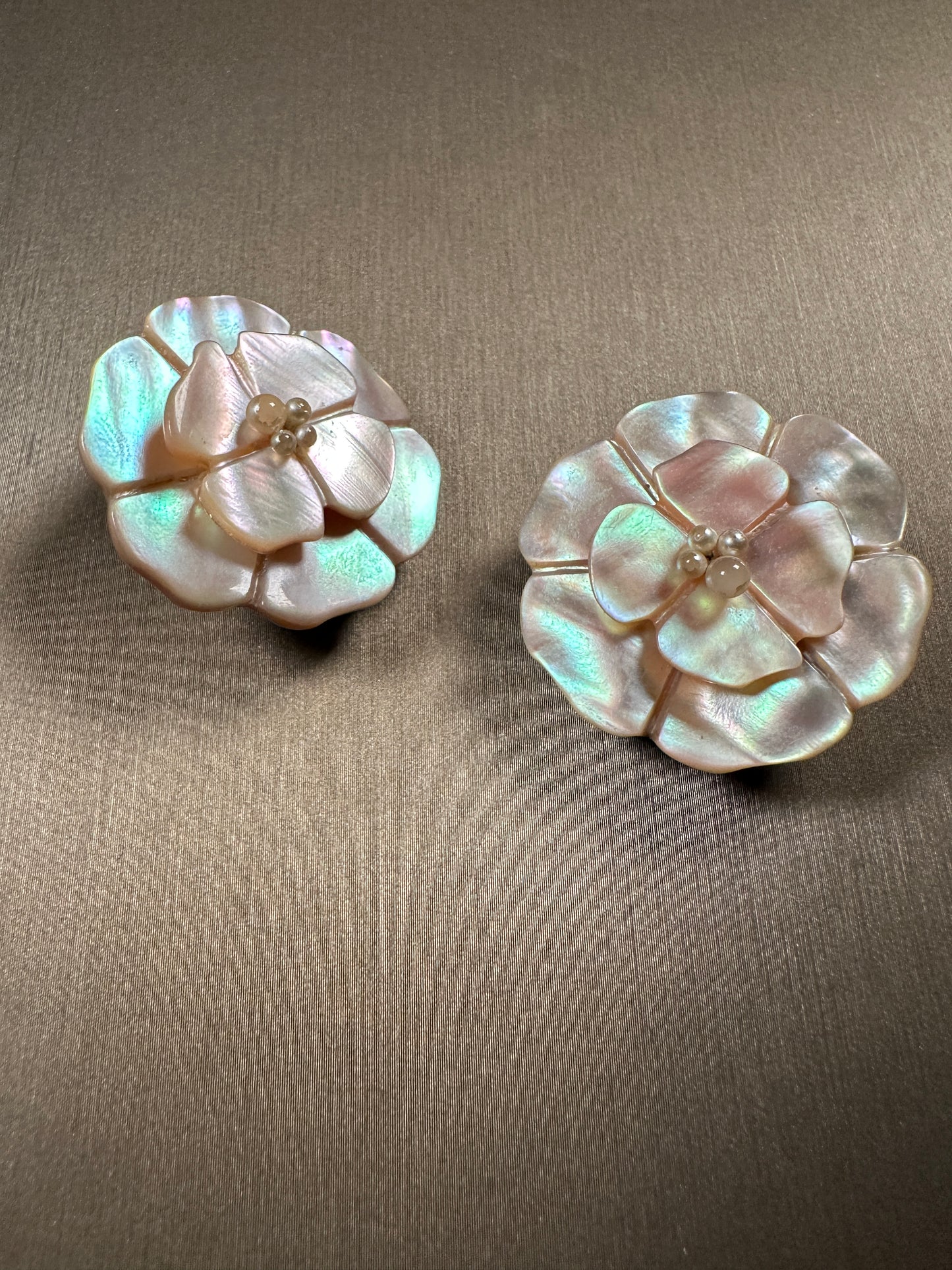 CHANEL VINTAGE 100% Authentic Genuine Camellia Mother of Pearl Clip On Logo Earrings, 1990's, Made In France