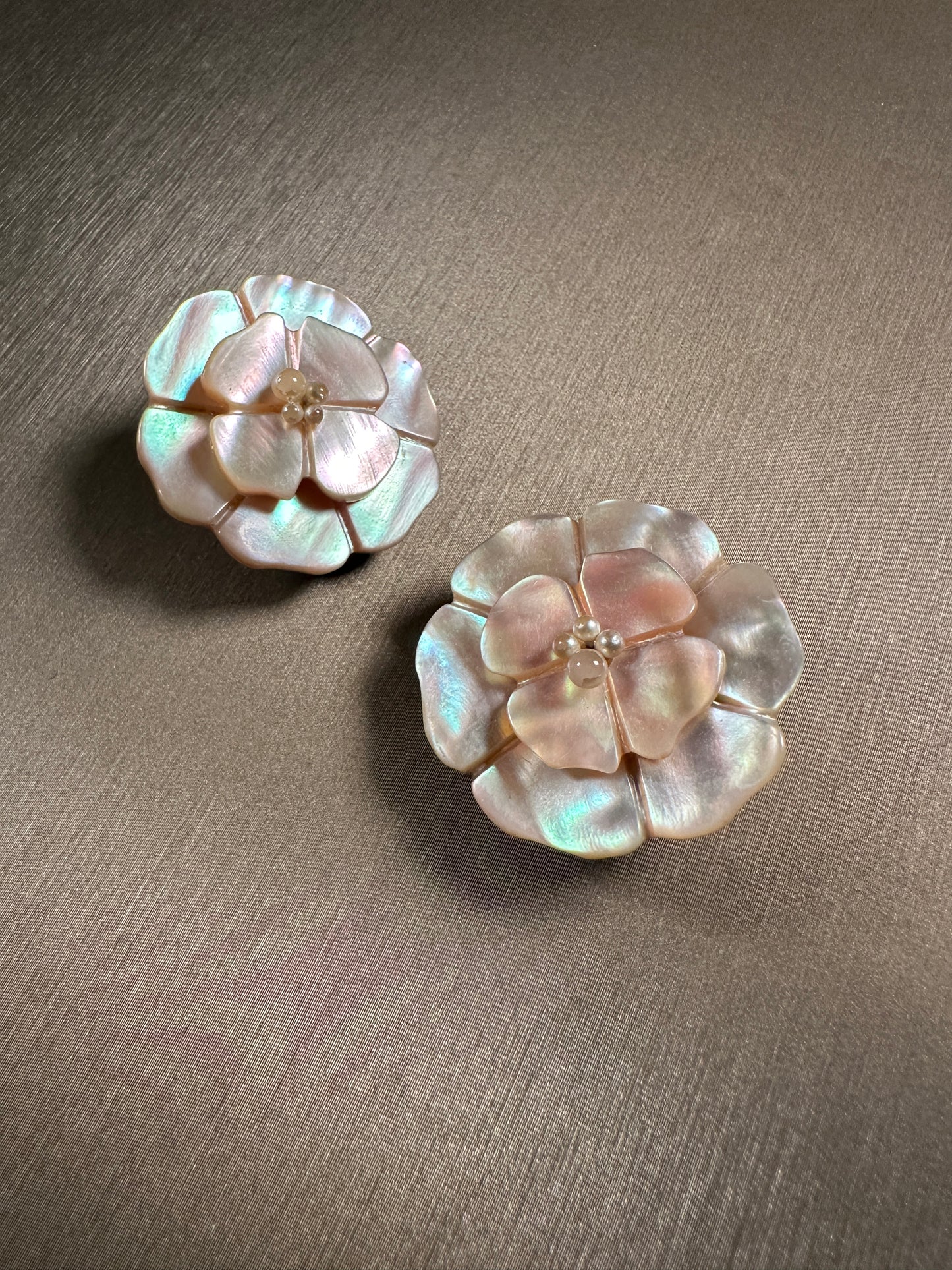CHANEL VINTAGE 100% Authentic Genuine Camellia Mother of Pearl Clip On Logo Earrings, 1990's, Made In France
