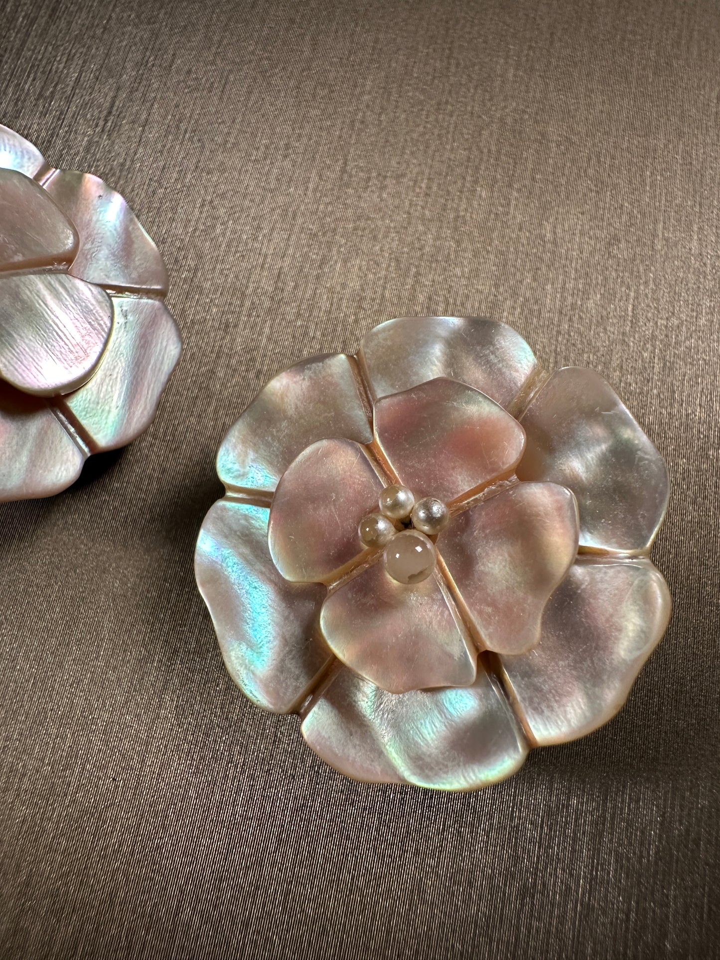 CHANEL VINTAGE 100% Authentic Genuine Camellia Mother of Pearl Clip On Logo Earrings, 1990's, Made In France