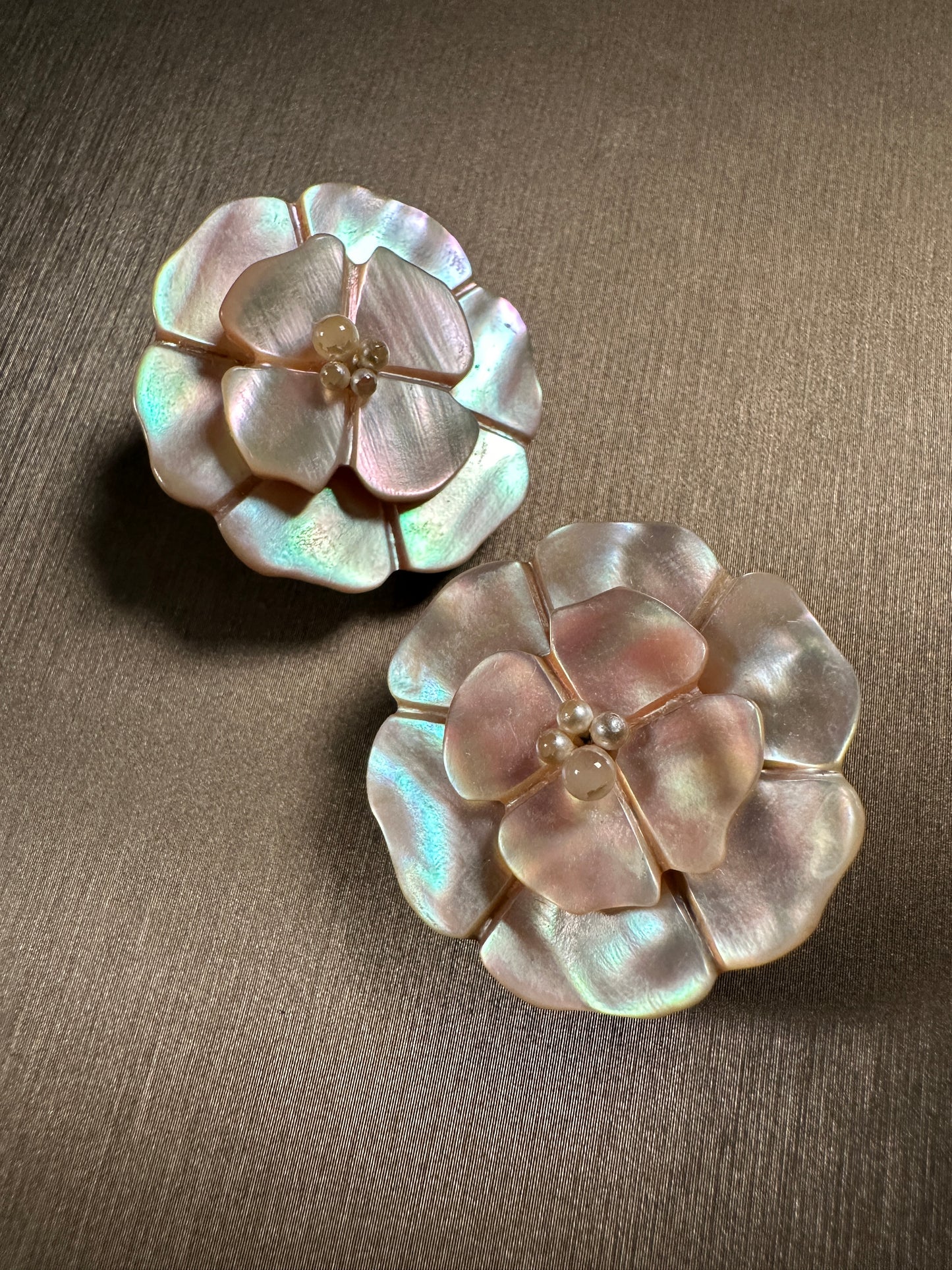CHANEL VINTAGE 100% Authentic Genuine Camellia Mother of Pearl Clip On Logo Earrings, 1990's, Made In France