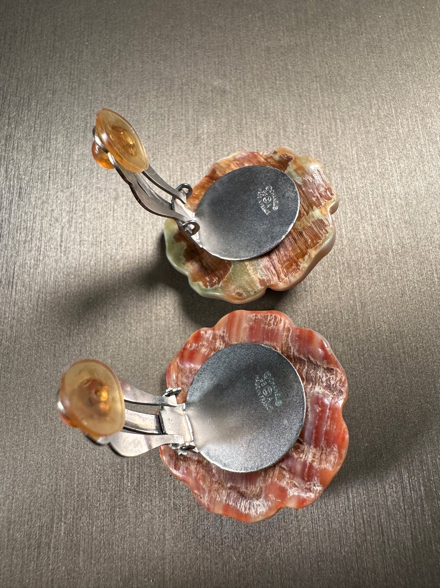 CHANEL VINTAGE 100% Authentic Genuine Camellia Mother of Pearl Clip On Logo Earrings, 1990's, Made In France