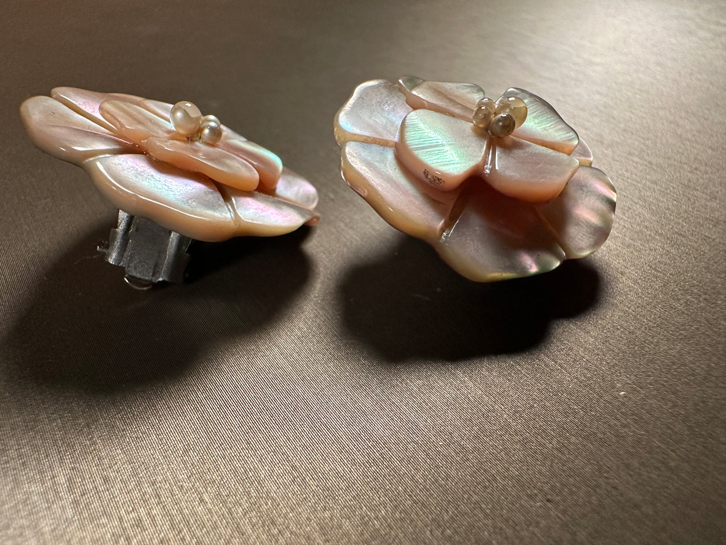 CHANEL VINTAGE 100% Authentic Genuine Camellia Mother of Pearl Clip On Logo Earrings, 1990's, Made In France