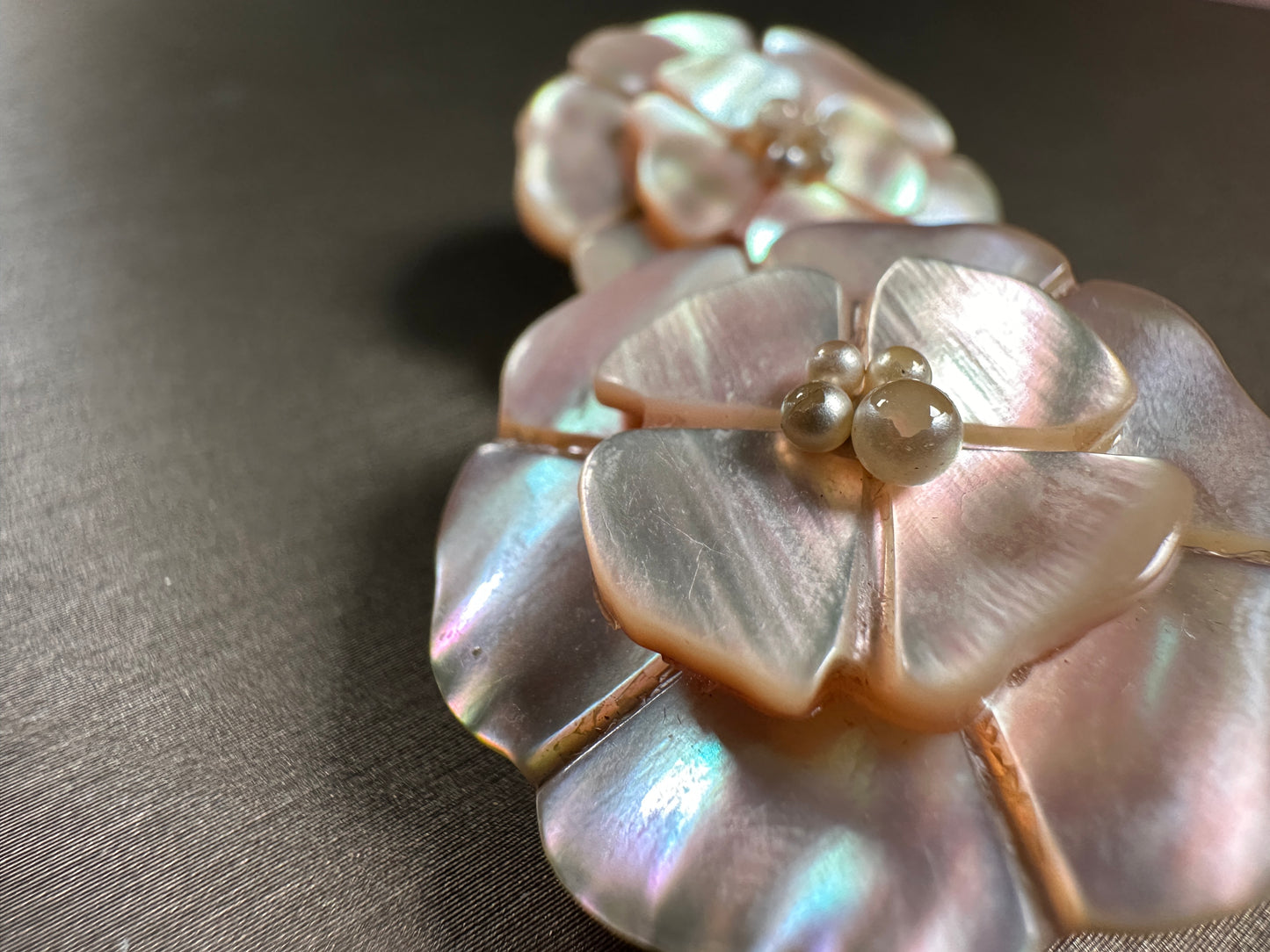 CHANEL VINTAGE 100% Authentic Genuine Camellia Mother of Pearl Clip On Logo Earrings, 1990's, Made In France