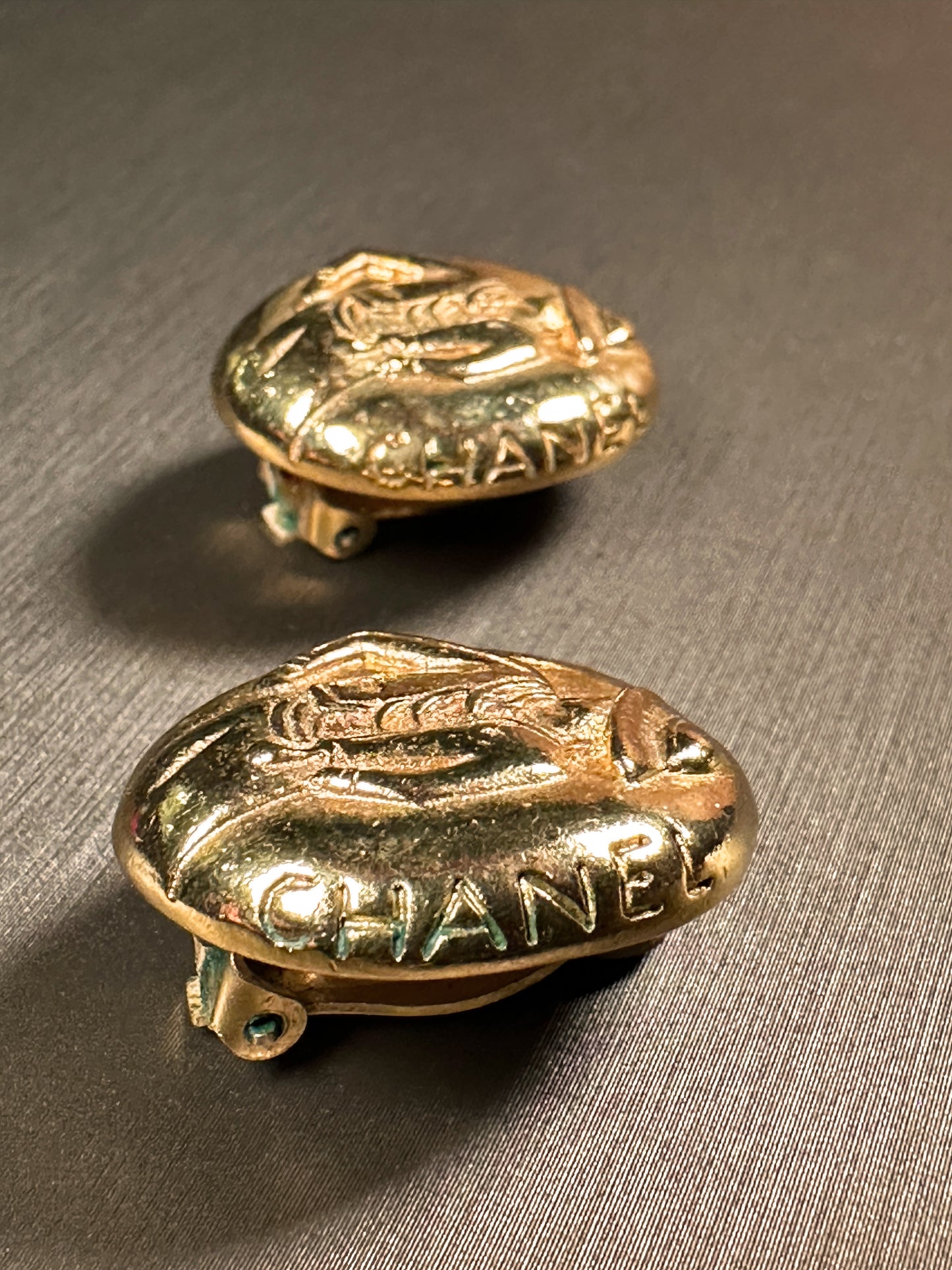 CHANEL Vintage 100% Authentic Genuine Mademoiselle Coco Lady Logo Clip-on Earrings, Gold, 1990's, Good Condition, with Original Box
