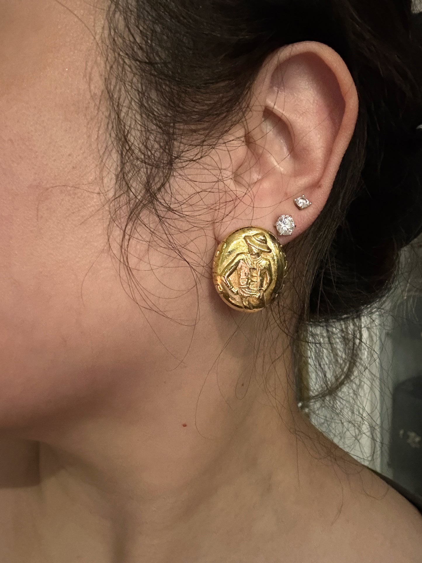 CHANEL Vintage 100% Authentic Genuine Mademoiselle Coco Lady Logo Clip-on Earrings, Gold, 1990's, Good Condition, with Original Box