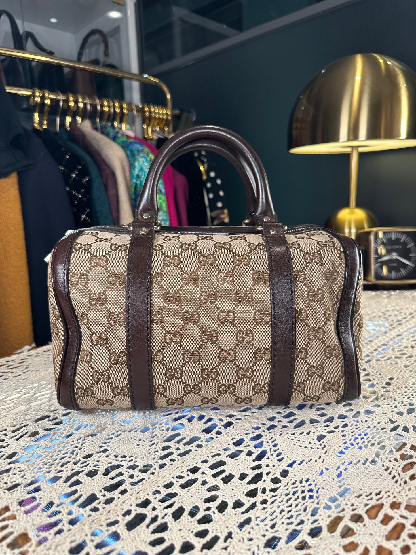 GUCCI VINTAGE 100% Authentic Genuine Boston Bag In Monogram Canvas with Leather Trims, Brown, Great Condition, Light-weight and Spacious