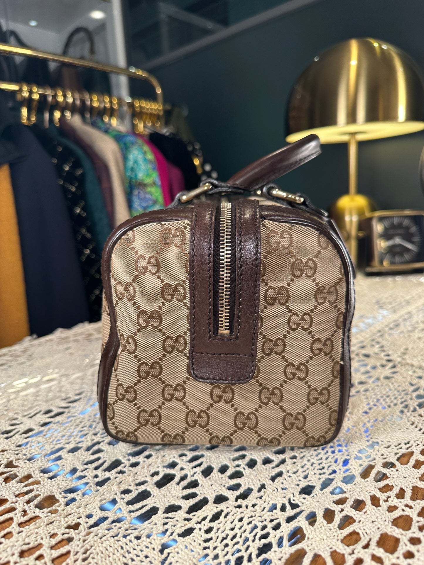 GUCCI VINTAGE 100% Authentic Genuine Boston Bag In Monogram Canvas with Leather Trims, Brown, Great Condition, Light-weight and Spacious
