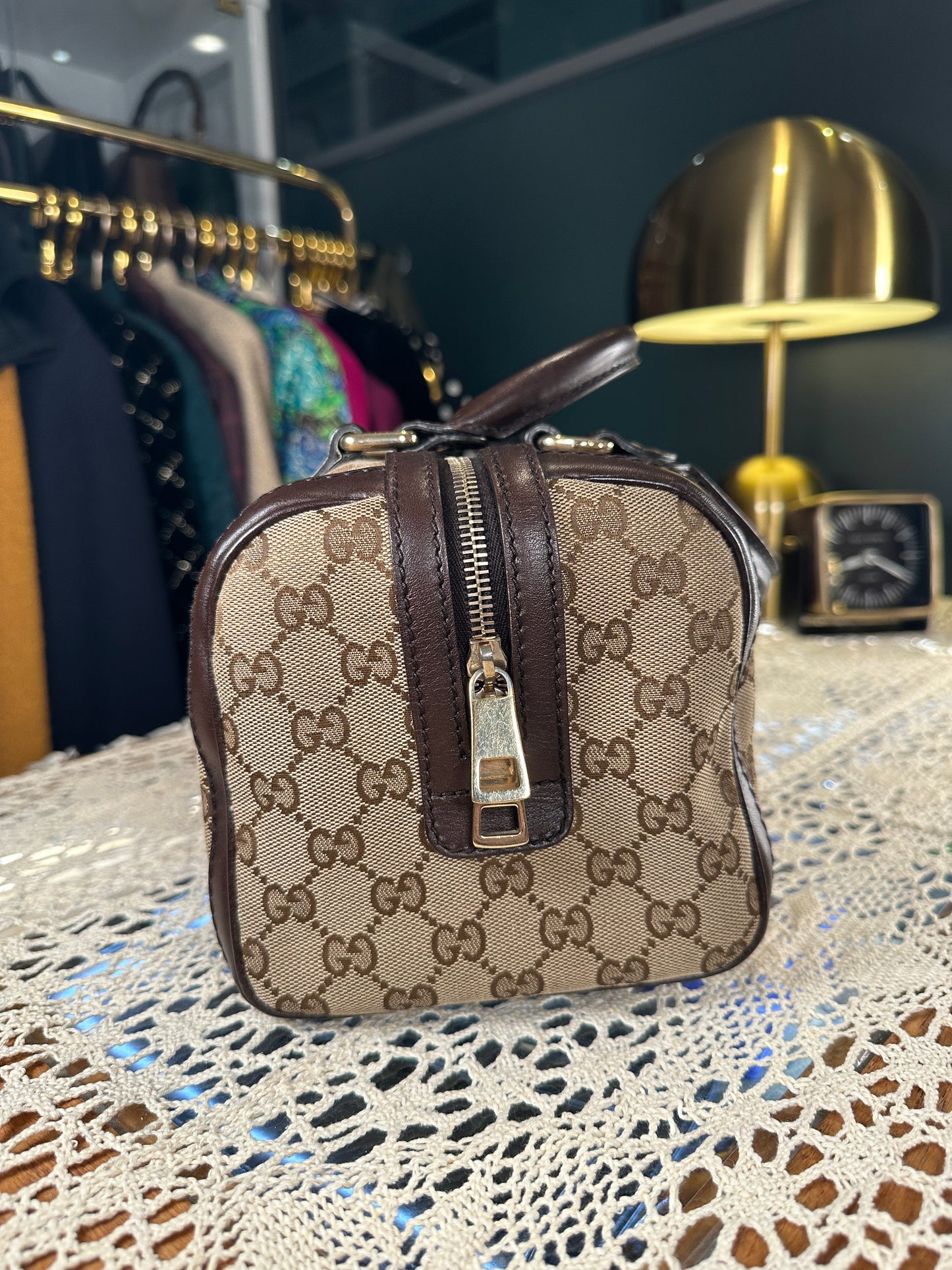 GUCCI VINTAGE 100% Authentic Genuine Boston Bag In Monogram Canvas with Leather Trims, Brown, Great Condition, Light-weight and Spacious