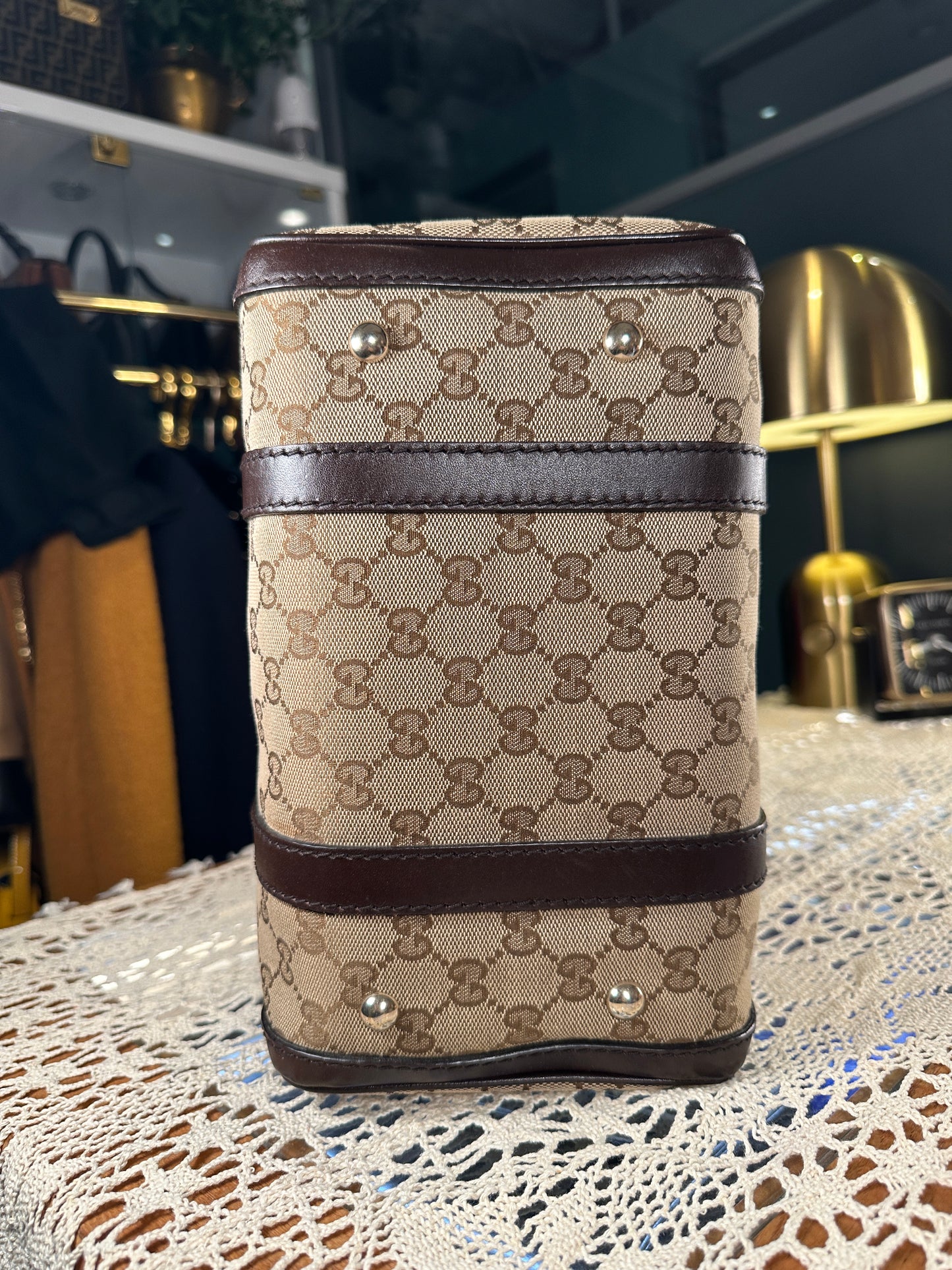 GUCCI VINTAGE 100% Authentic Genuine Boston Bag In Monogram Canvas with Leather Trims, Brown, Great Condition, Light-weight and Spacious