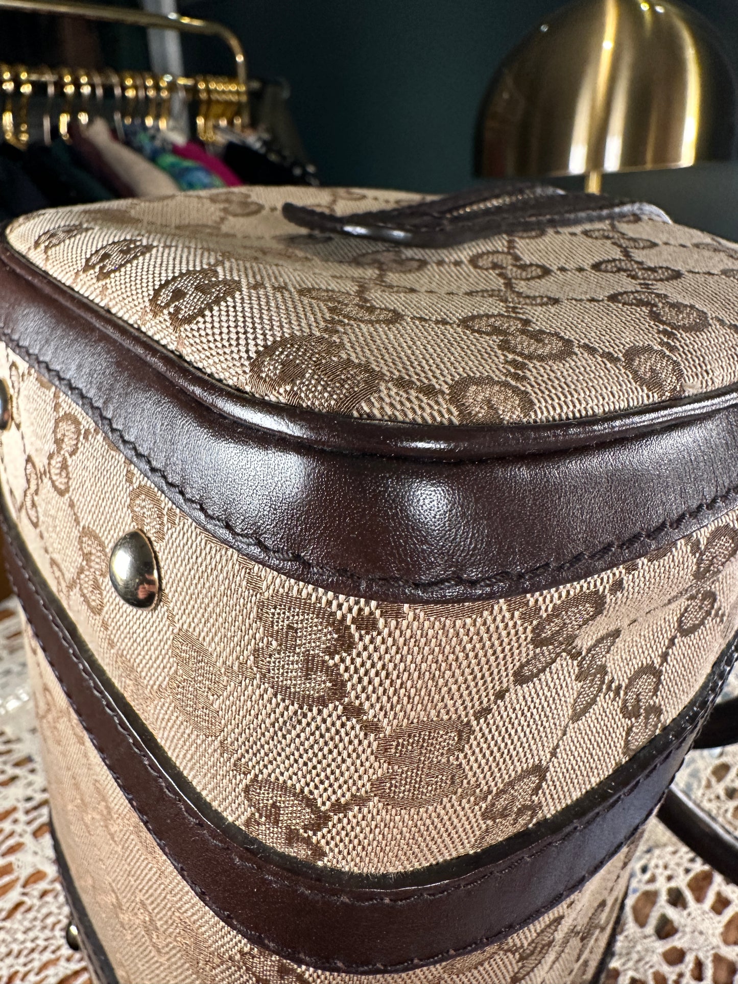 GUCCI VINTAGE 100% Authentic Genuine Boston Bag In Monogram Canvas with Leather Trims, Brown, Great Condition, Light-weight and Spacious