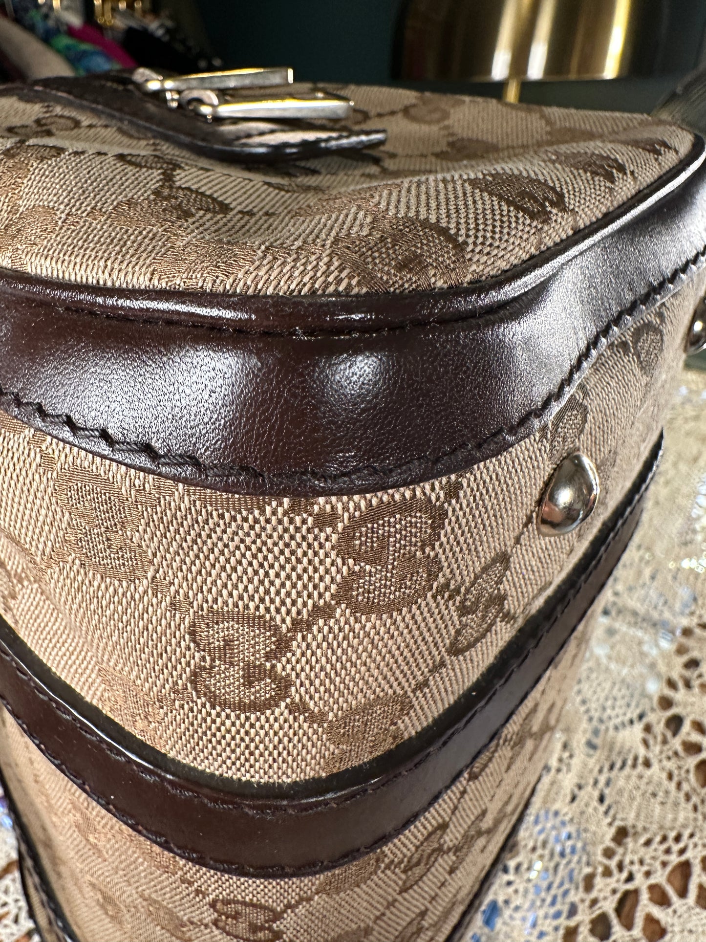 GUCCI VINTAGE 100% Authentic Genuine Boston Bag In Monogram Canvas with Leather Trims, Brown, Great Condition, Light-weight and Spacious