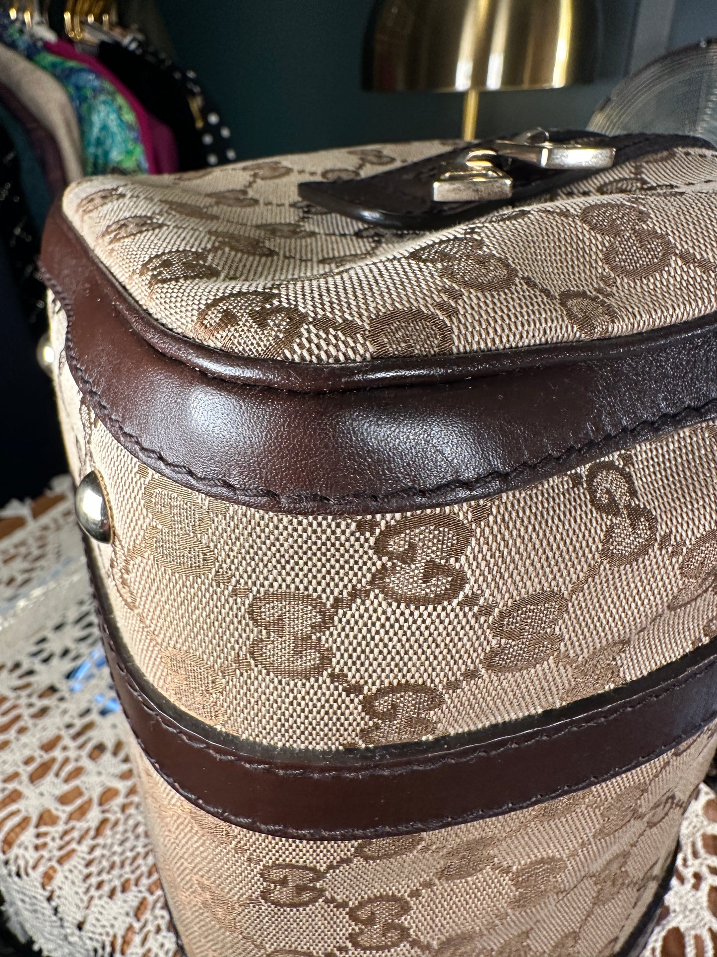 GUCCI VINTAGE 100% Authentic Genuine Boston Bag In Monogram Canvas with Leather Trims, Brown, Great Condition, Light-weight and Spacious