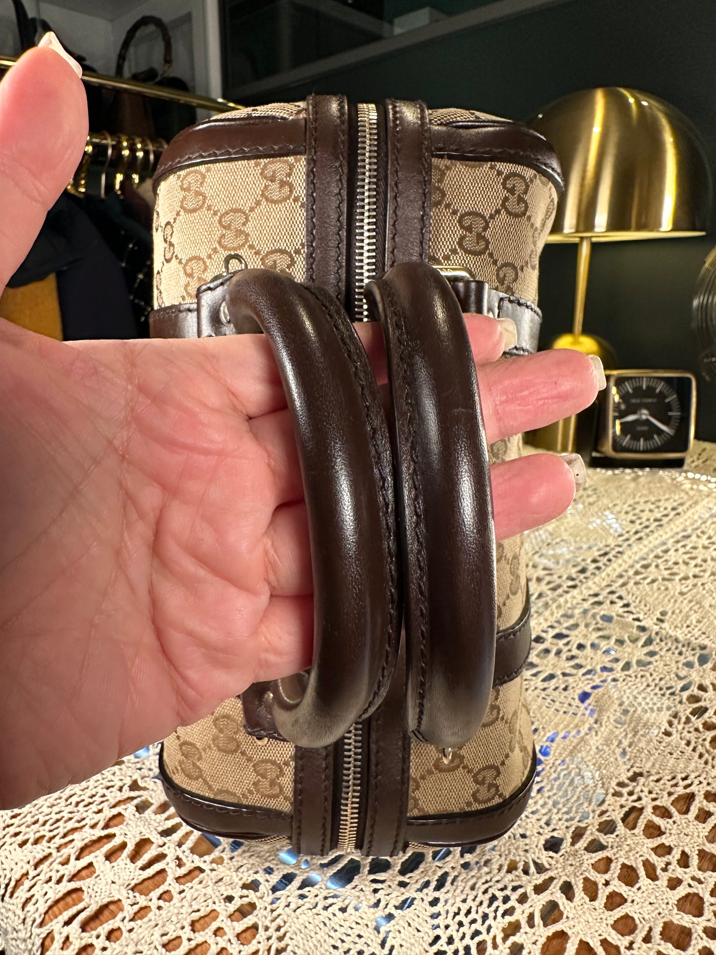 GUCCI VINTAGE 100% Authentic Genuine Boston Bag In Monogram Canvas with Leather Trims, Brown, Great Condition, Light-weight and Spacious