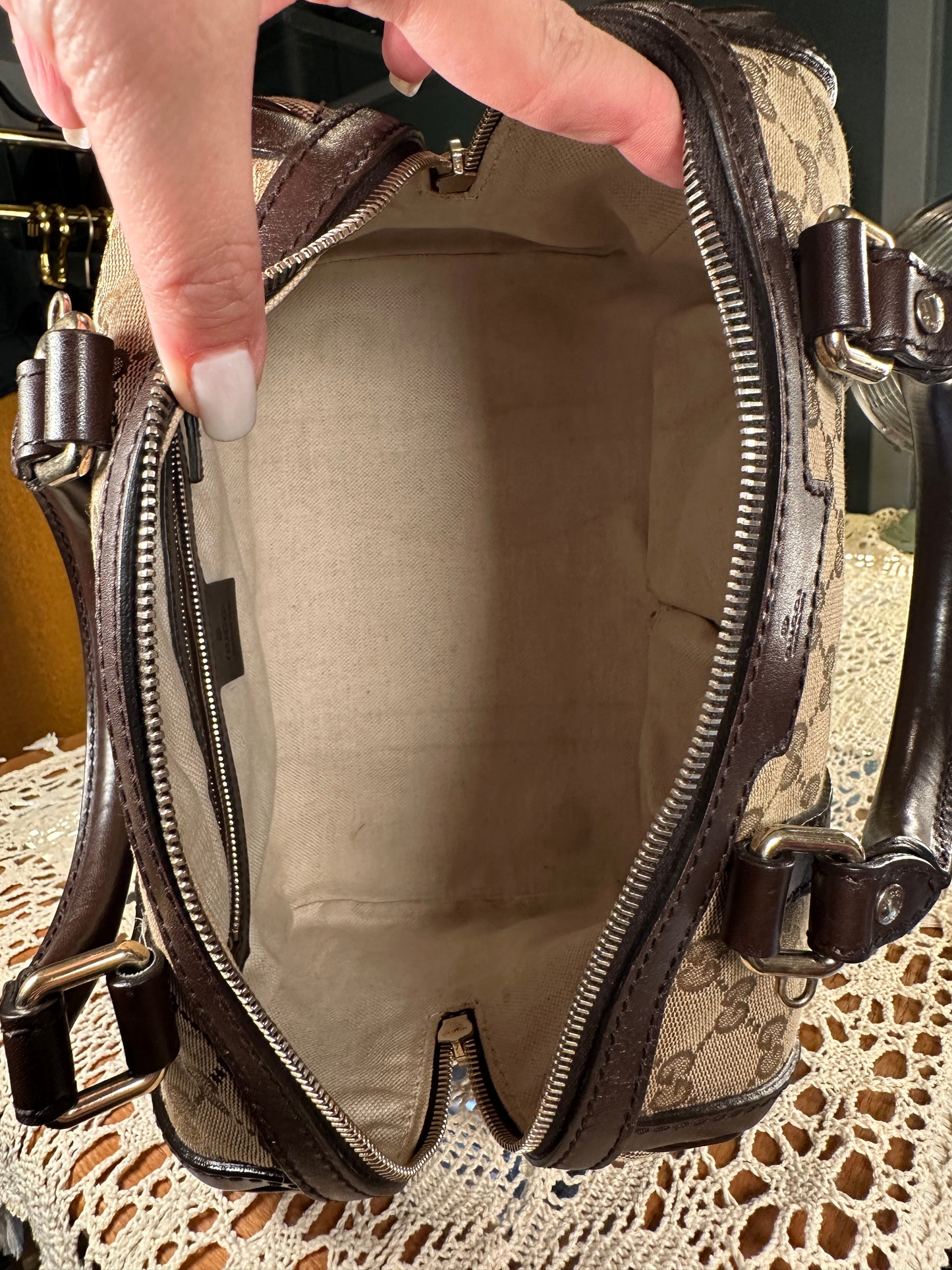 GUCCI VINTAGE 100% Authentic Genuine Boston Bag In Monogram Canvas with Leather Trims, Brown, Great Condition, Light-weight and Spacious