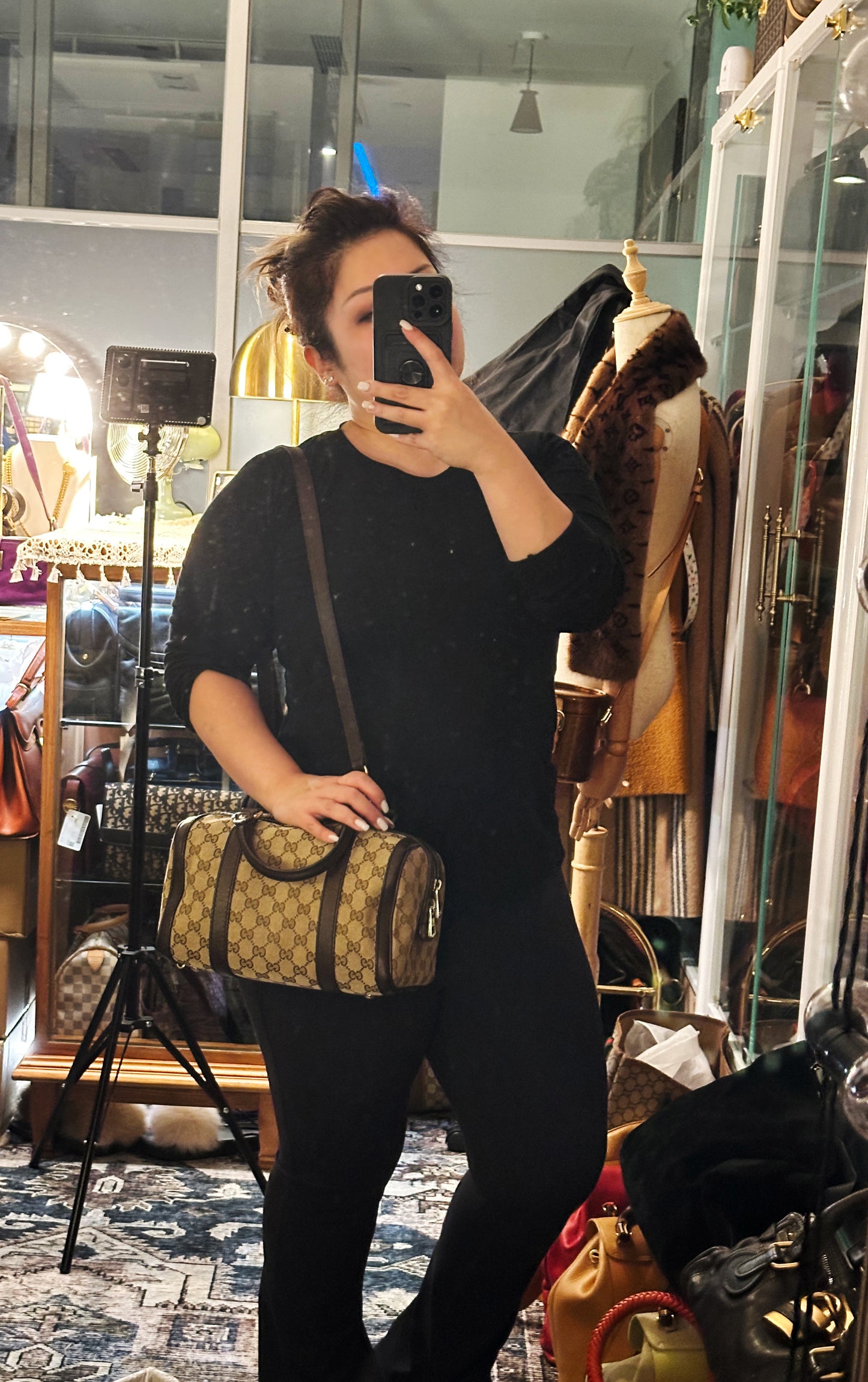 GUCCI VINTAGE 100% Authentic Genuine Boston Bag In Monogram Canvas with Leather Trims, Brown, Great Condition, Light-weight and Spacious