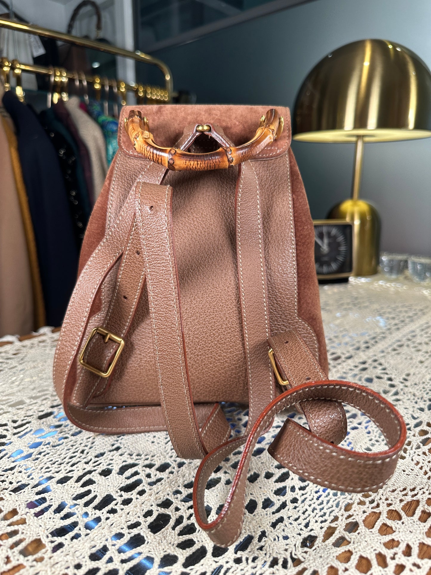 GUCCI VINTAGE 100% Authentic Genuine Leather Iconic Bamboo Handle Backpack, Medium Size, Suede in Brown, 2000's, Good Condition