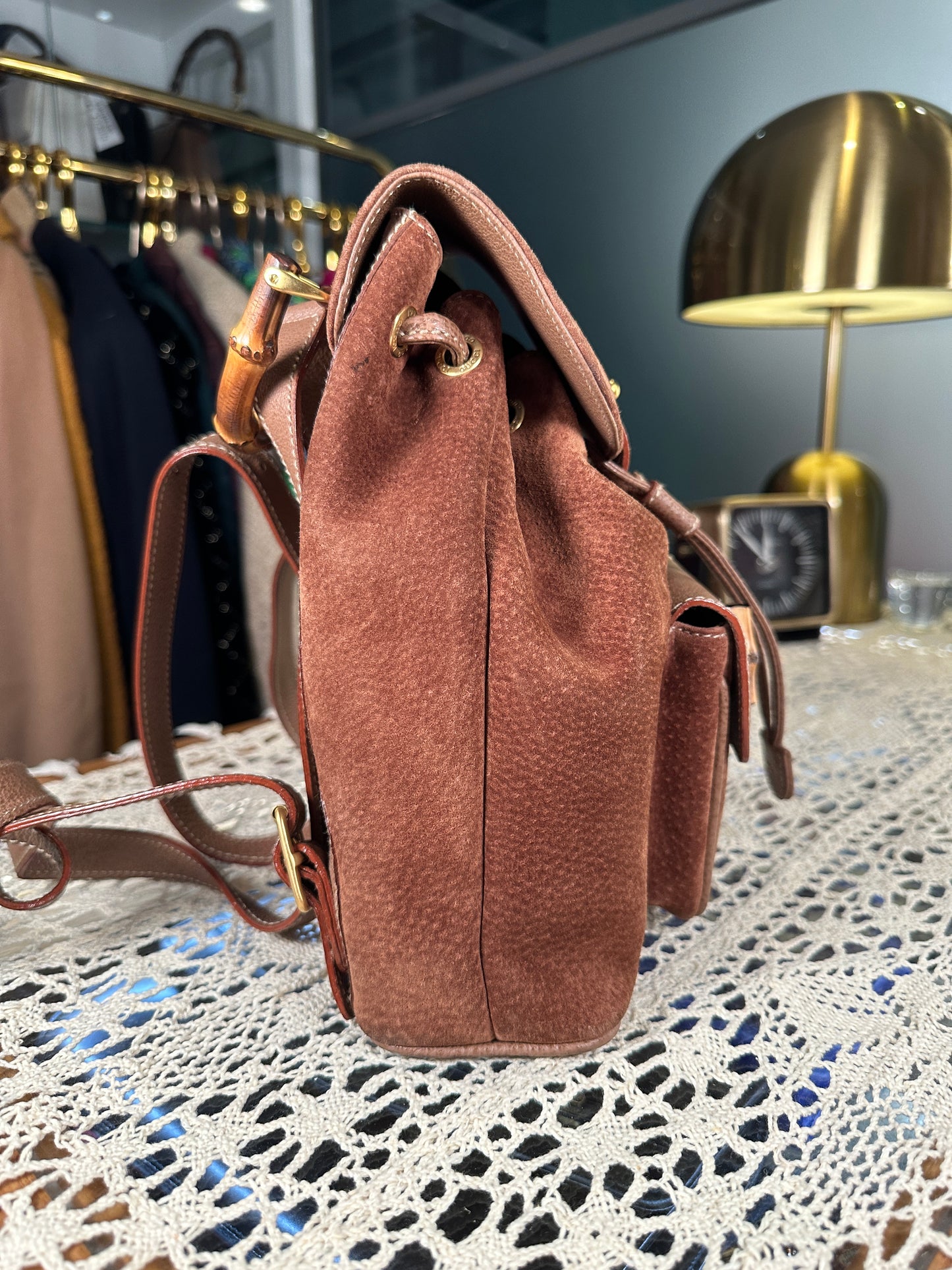 GUCCI VINTAGE 100% Authentic Genuine Leather Iconic Bamboo Handle Backpack, Medium Size, Suede in Brown, 2000's, Good Condition