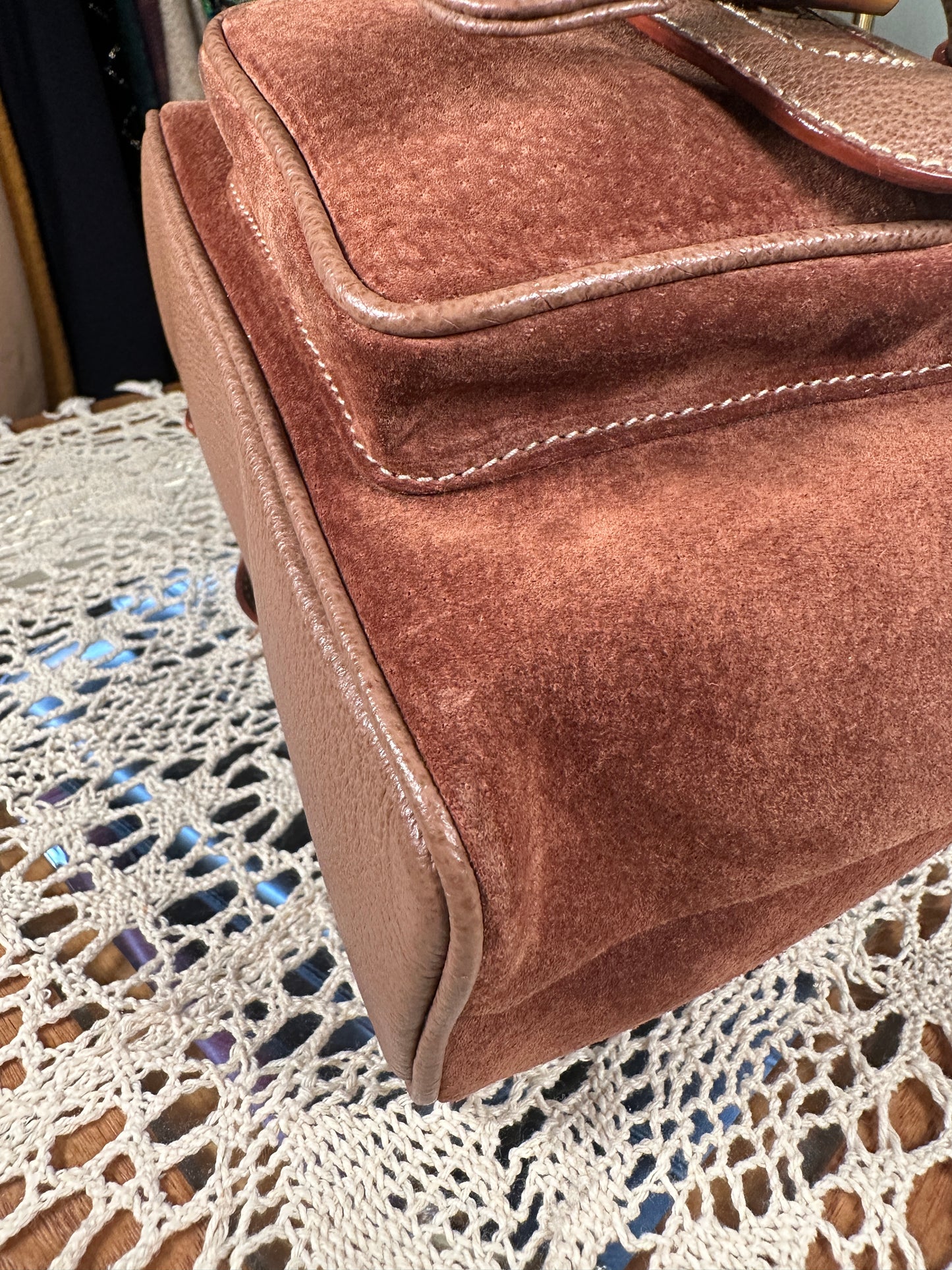 GUCCI VINTAGE 100% Authentic Genuine Leather Iconic Bamboo Handle Backpack, Medium Size, Suede in Brown, 2000's, Good Condition
