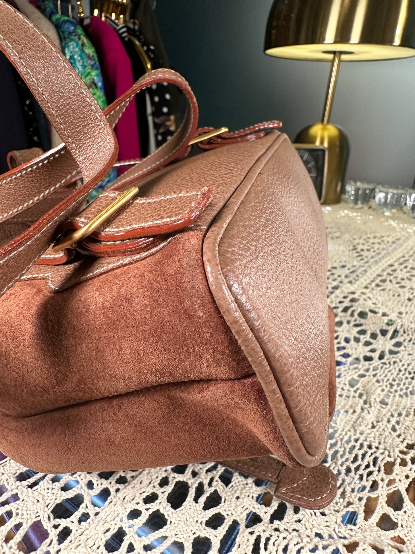GUCCI VINTAGE 100% Authentic Genuine Leather Iconic Bamboo Handle Backpack, Medium Size, Suede in Brown, 2000's, Good Condition