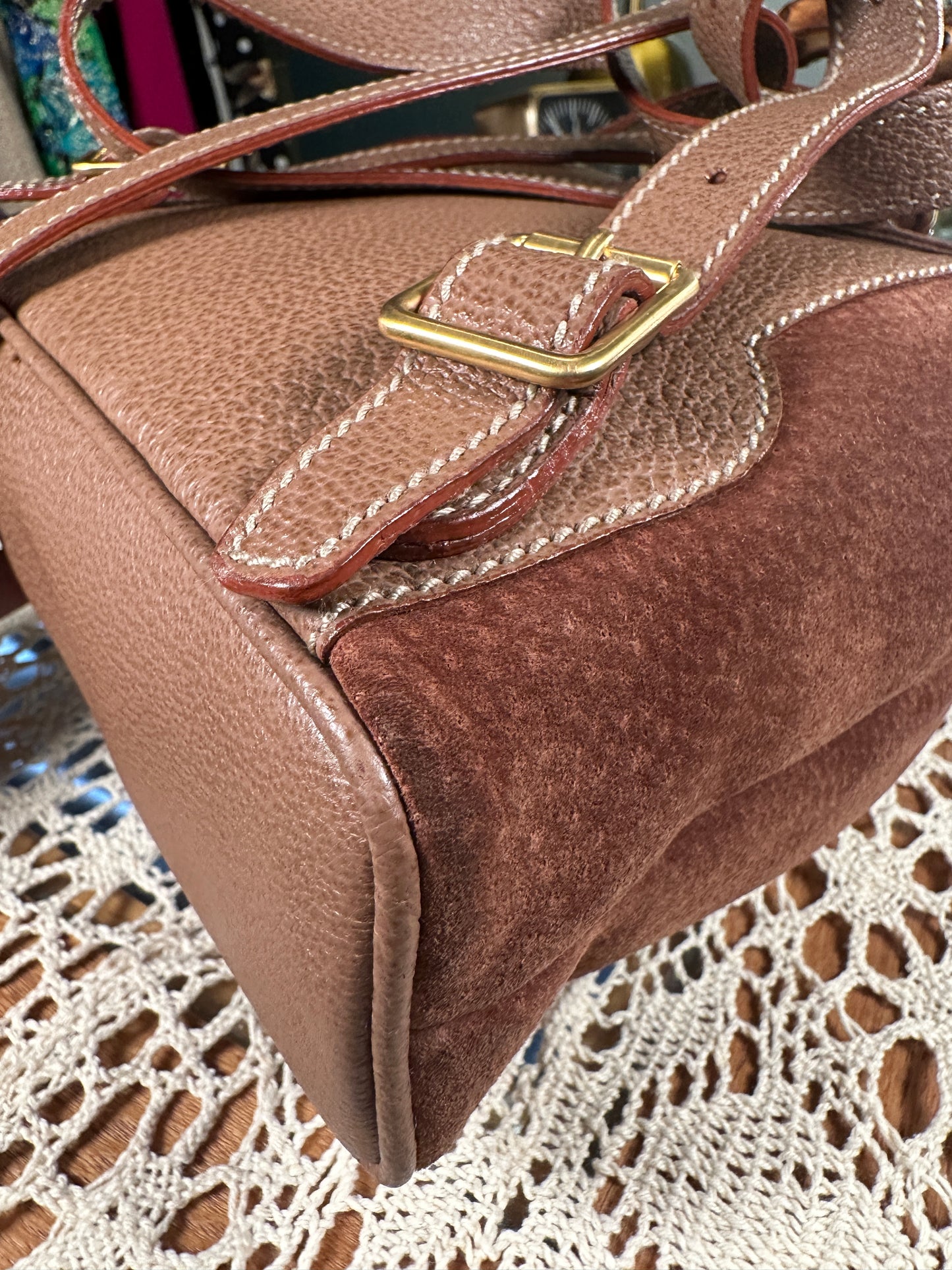 GUCCI VINTAGE 100% Authentic Genuine Leather Iconic Bamboo Handle Backpack, Medium Size, Suede in Brown, 2000's, Good Condition
