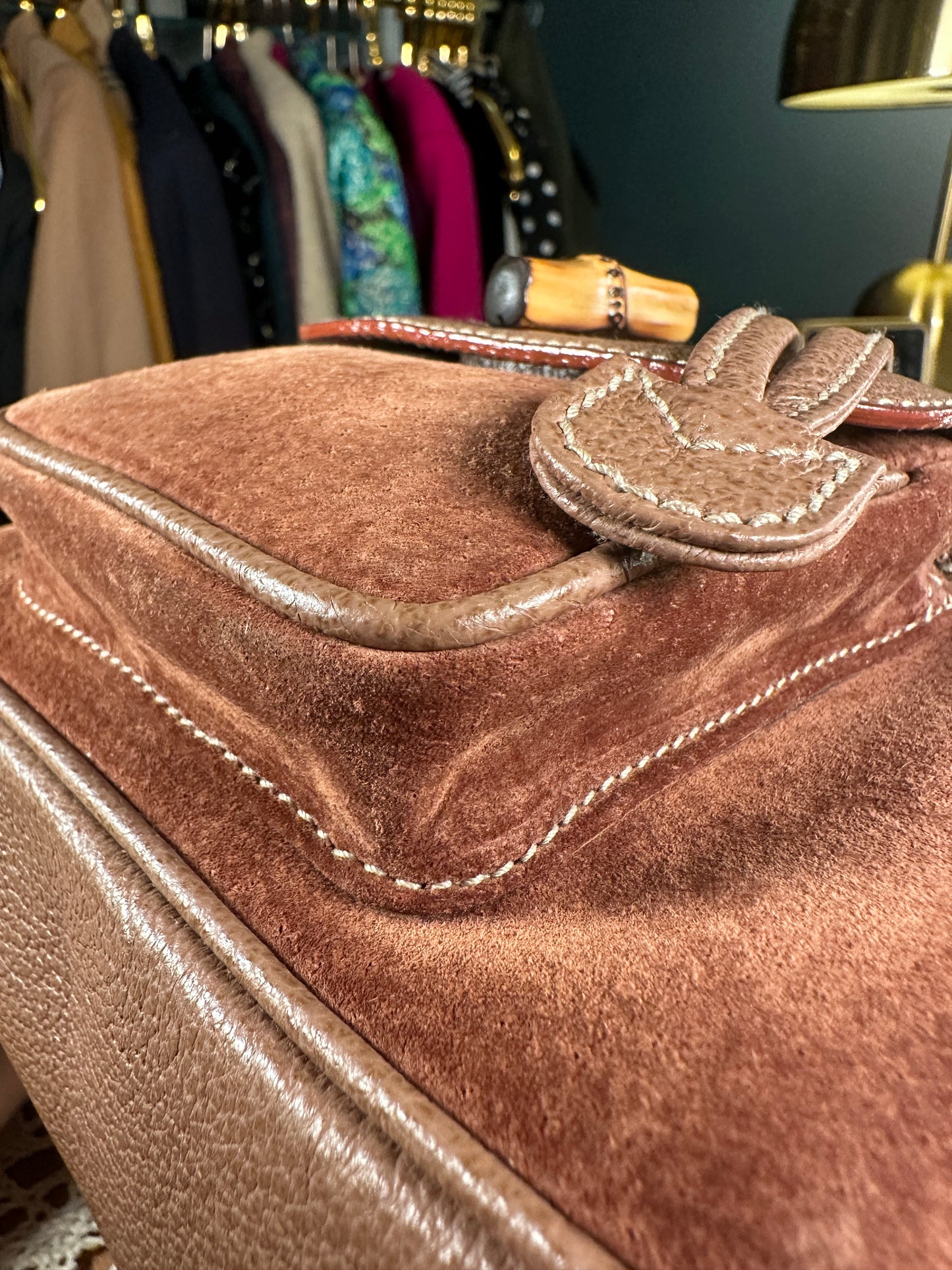GUCCI VINTAGE 100% Authentic Genuine Leather Iconic Bamboo Handle Backpack, Medium Size, Suede in Brown, 2000's, Good Condition
