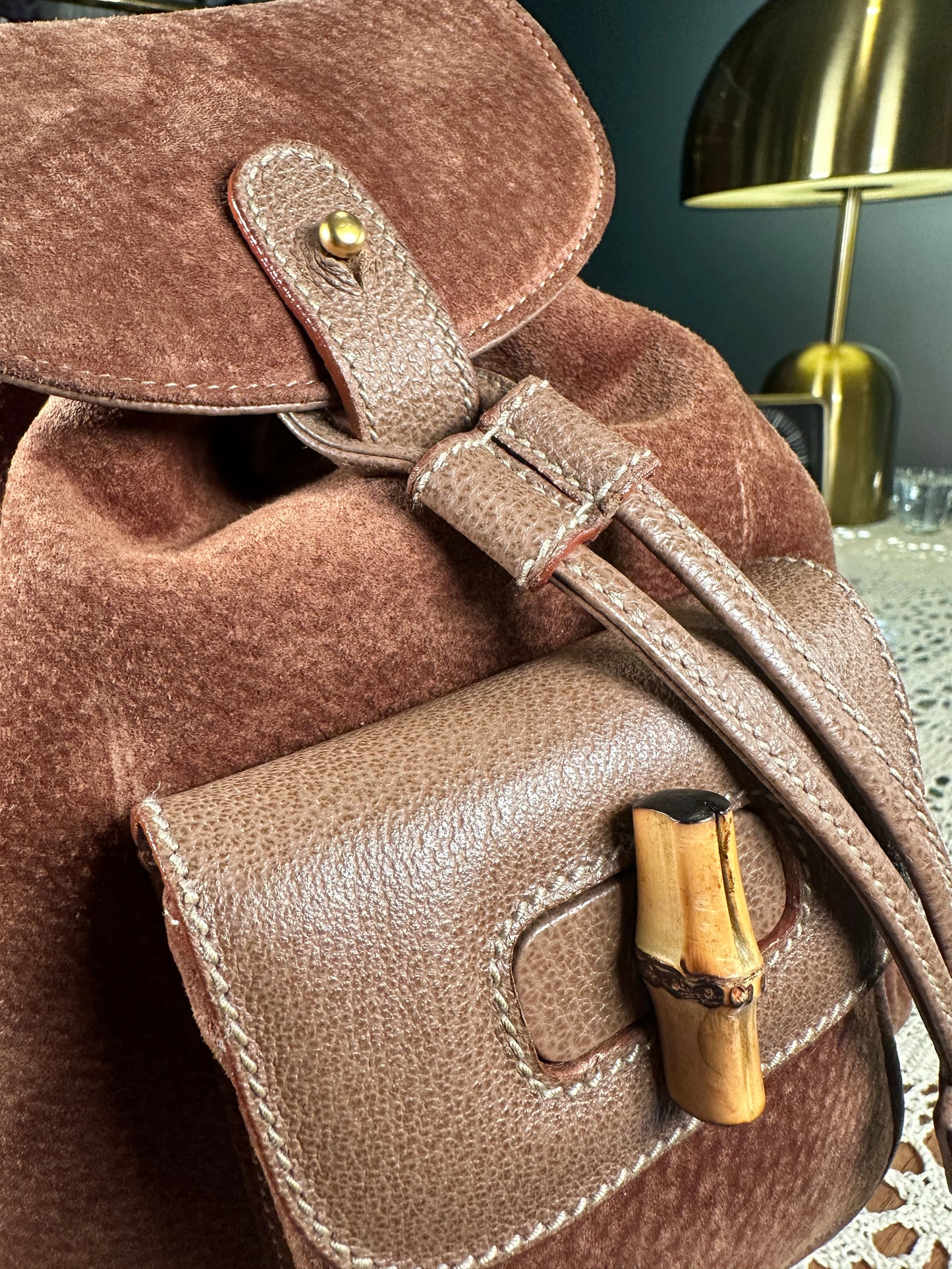 GUCCI VINTAGE 100% Authentic Genuine Leather Iconic Bamboo Handle Backpack, Medium Size, Suede in Brown, 2000's, Good Condition