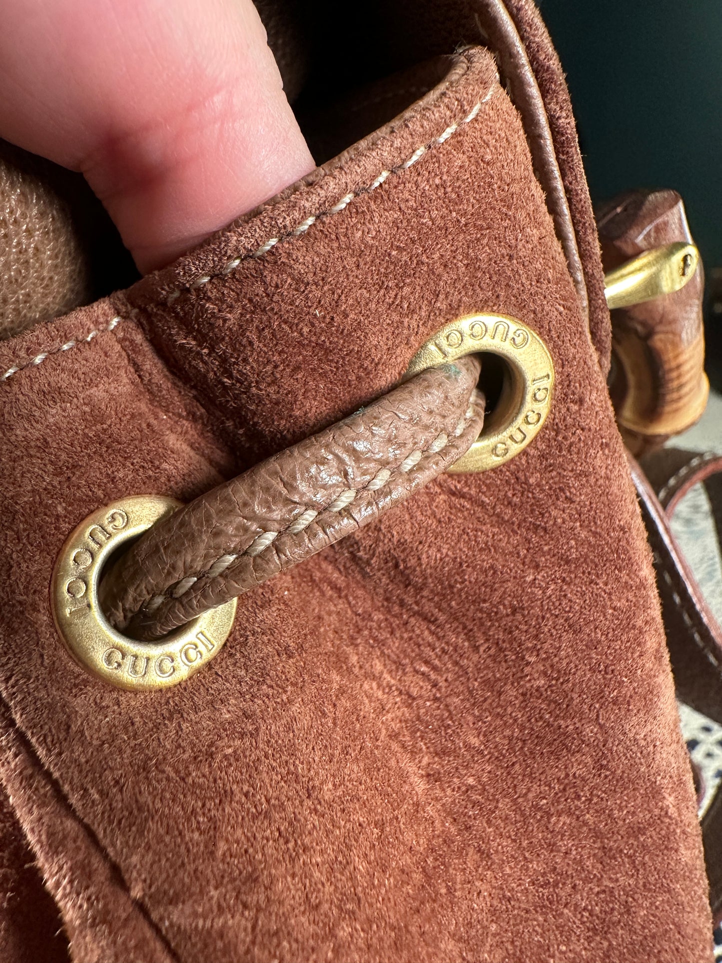 GUCCI VINTAGE 100% Authentic Genuine Leather Iconic Bamboo Handle Backpack, Medium Size, Suede in Brown, 2000's, Good Condition