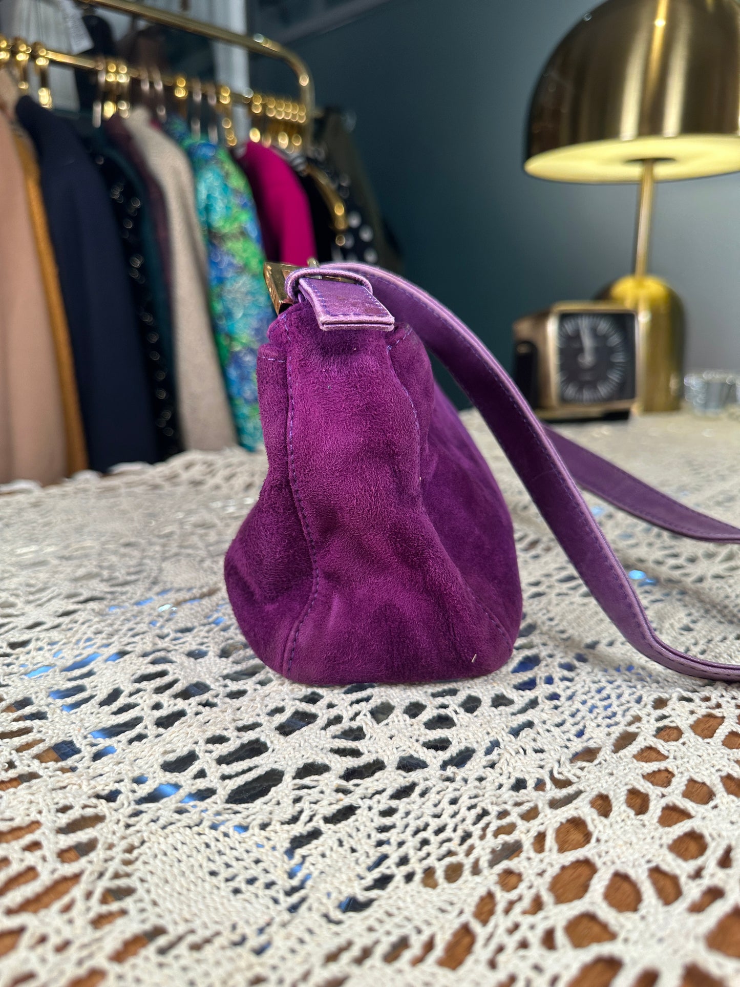 FENDI VINTAGE 100% Authentic Genuine Suede Baguette Handbag, Purple, 1990's, Good Condition