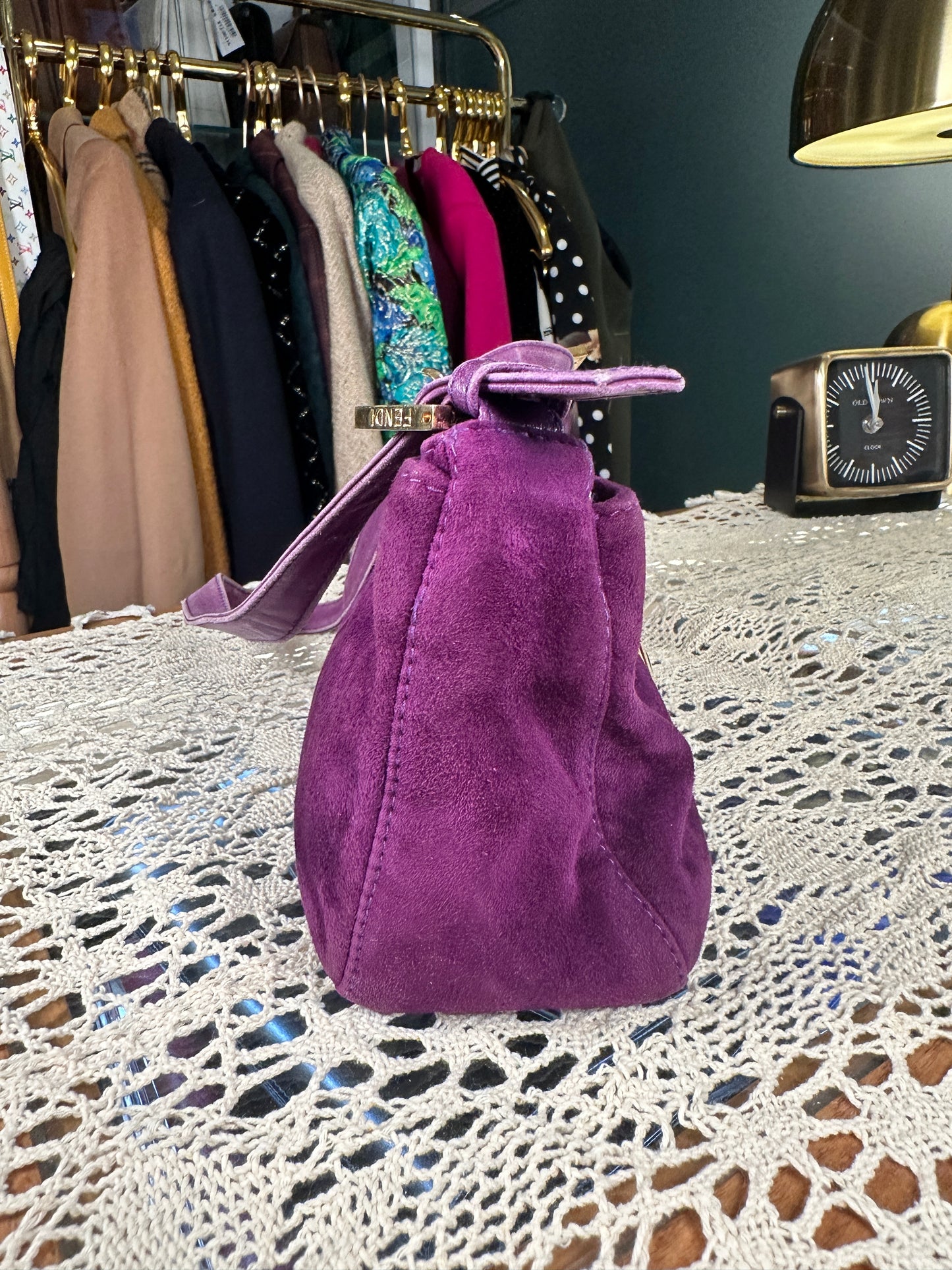 FENDI VINTAGE 100% Authentic Genuine Suede Baguette Handbag, Purple, 1990's, Good Condition