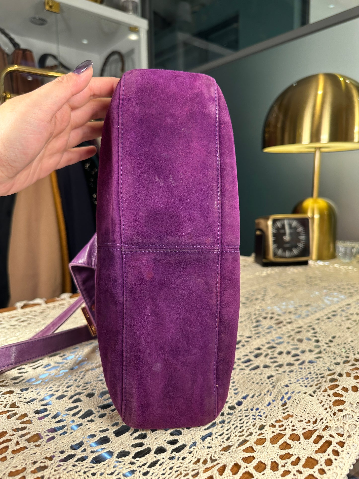 FENDI VINTAGE 100% Authentic Genuine Suede Baguette Handbag, Purple, 1990's, Good Condition