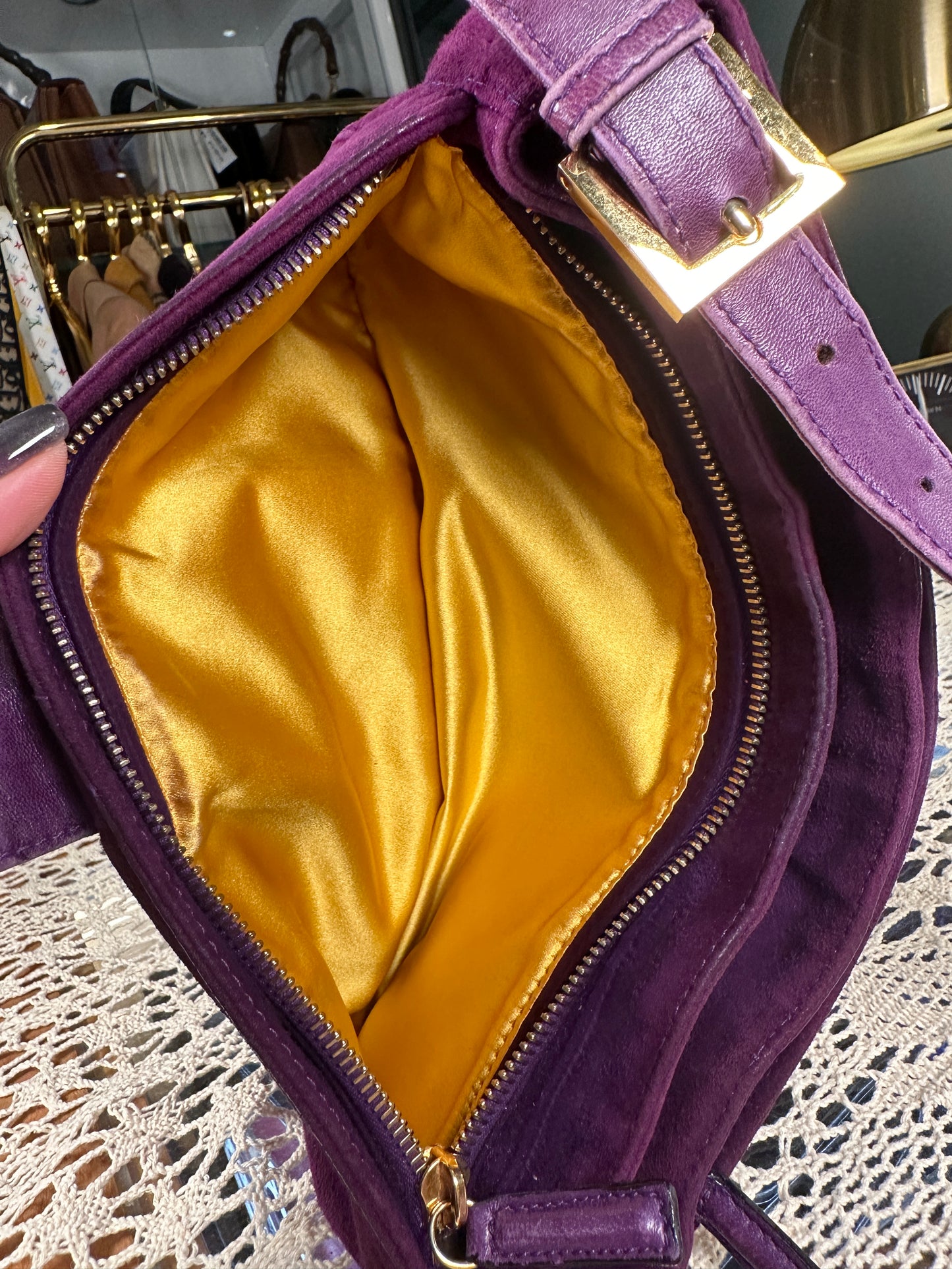 FENDI VINTAGE 100% Authentic Genuine Suede Baguette Handbag, Purple, 1990's, Good Condition