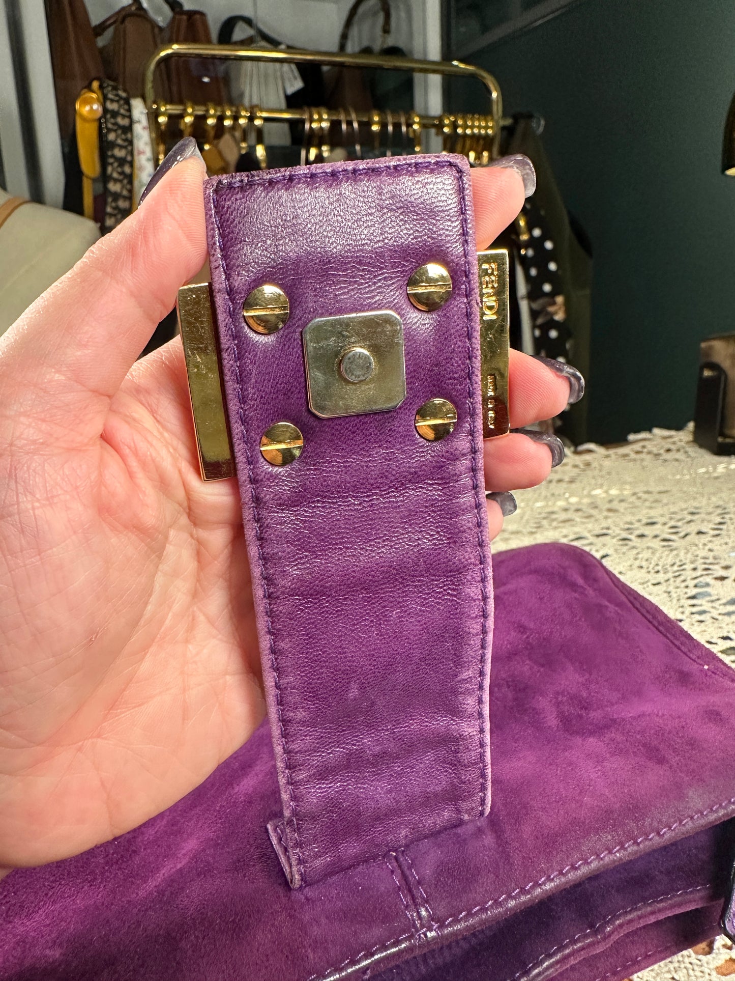 FENDI VINTAGE 100% Authentic Genuine Suede Baguette Handbag, Purple, 1990's, Good Condition