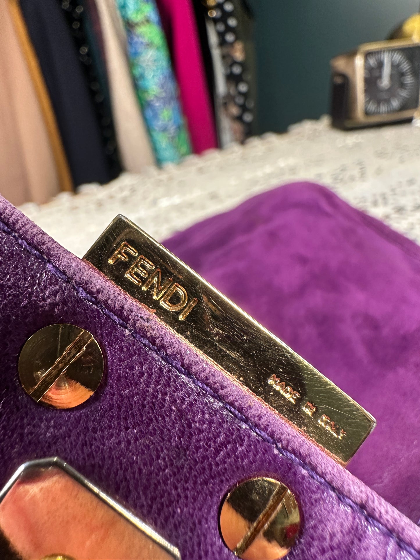FENDI VINTAGE 100% Authentic Genuine Suede Baguette Handbag, Purple, 1990's, Good Condition
