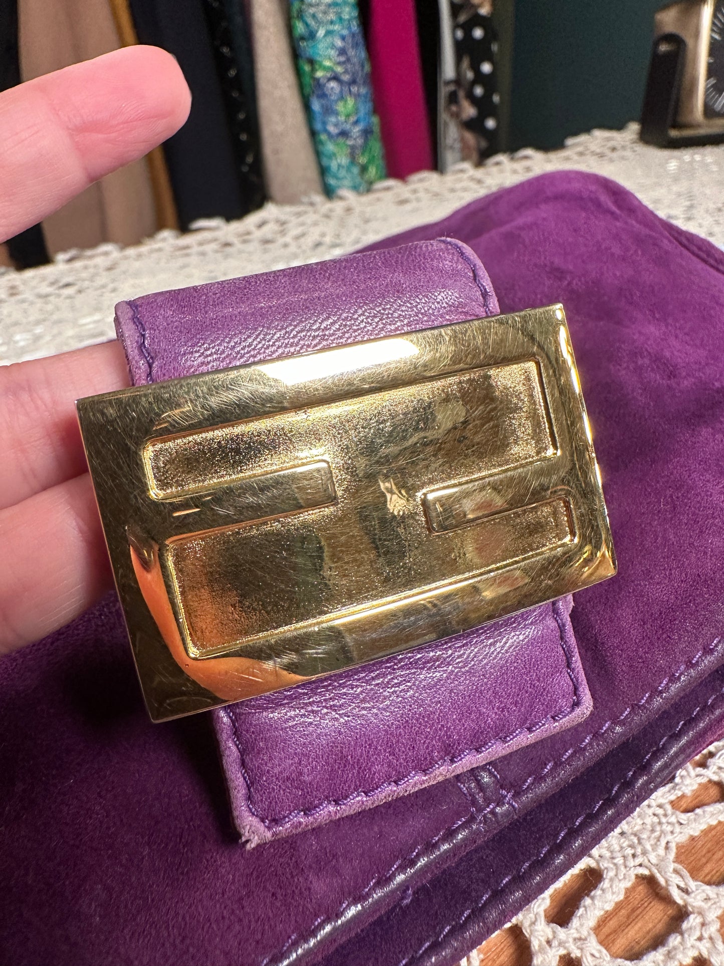 FENDI VINTAGE 100% Authentic Genuine Suede Baguette Handbag, Purple, 1990's, Good Condition