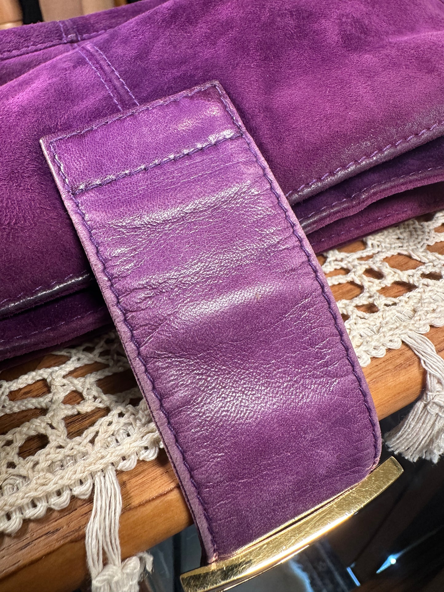 FENDI VINTAGE 100% Authentic Genuine Suede Baguette Handbag, Purple, 1990's, Good Condition