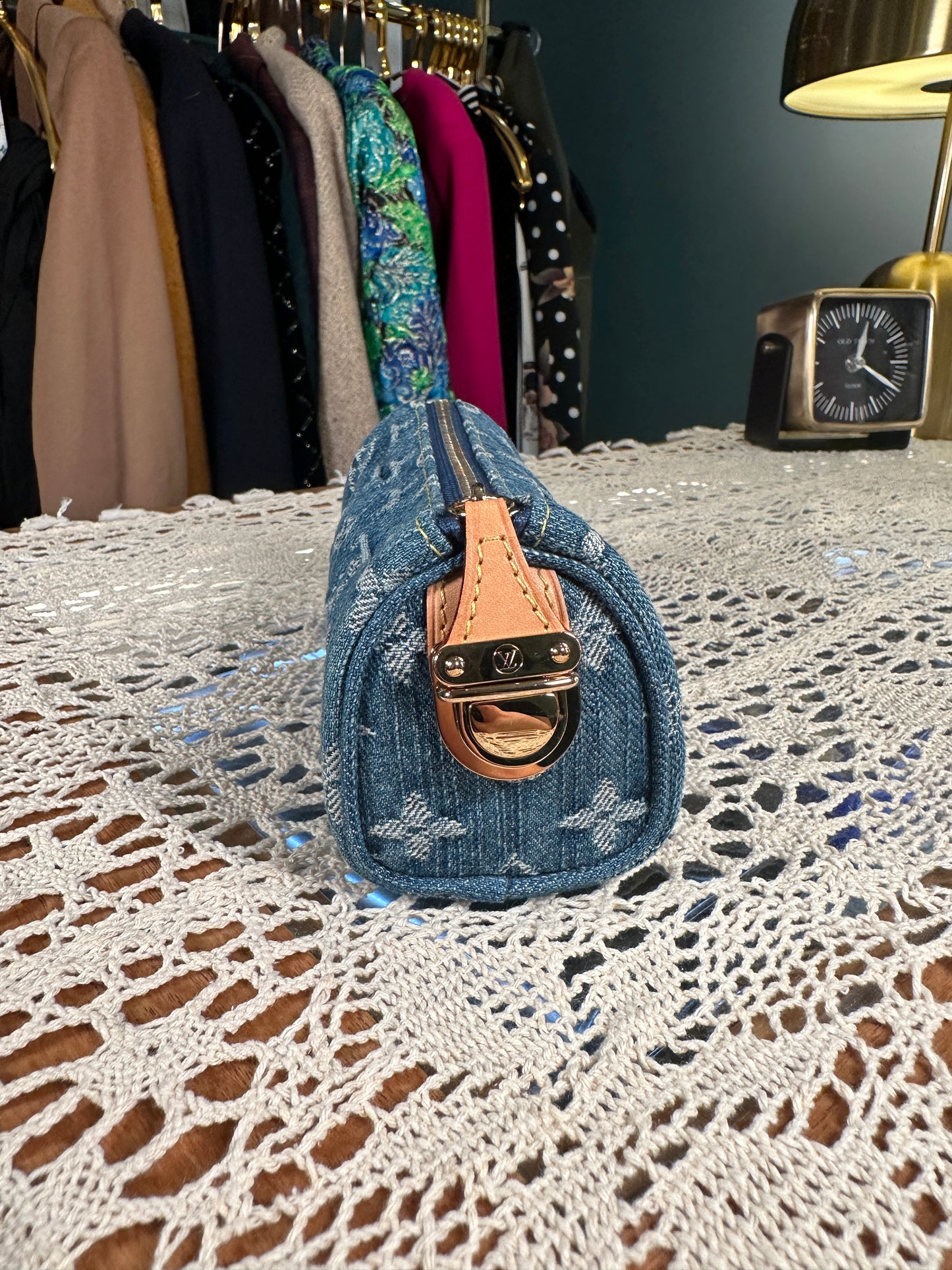 LOUIS VUITTON Vintage 100% Authentic Genuine, Monogram Denim Trousse Speedy GM Pouch Blue, 2008