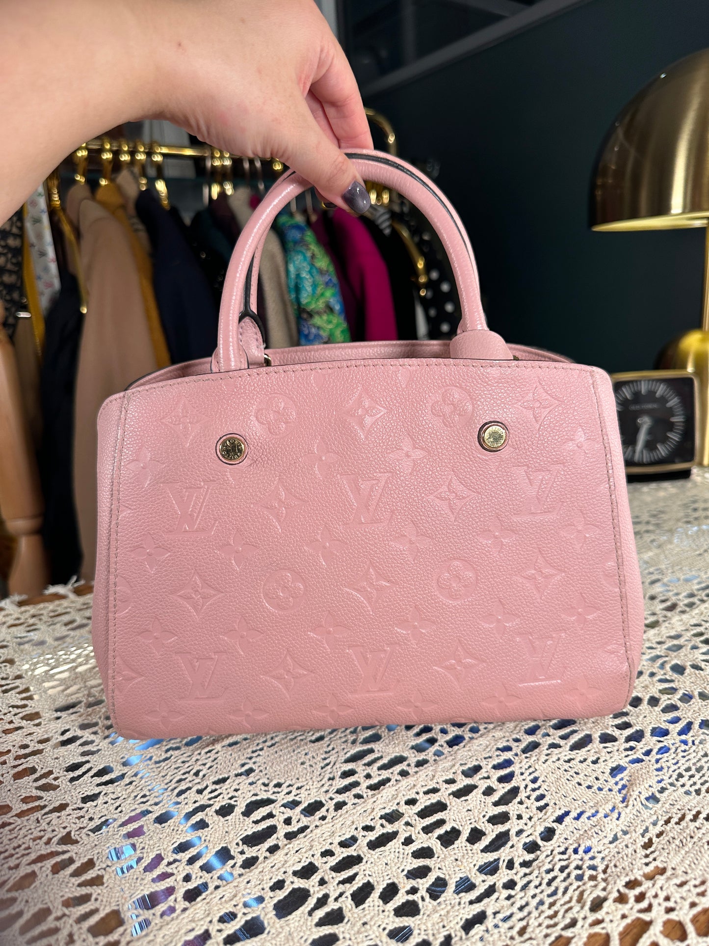 Louis Vuitton 100% Genuine Authentic Monogram Leather Montaigne Handbag, Pastel Pink, Great Condition