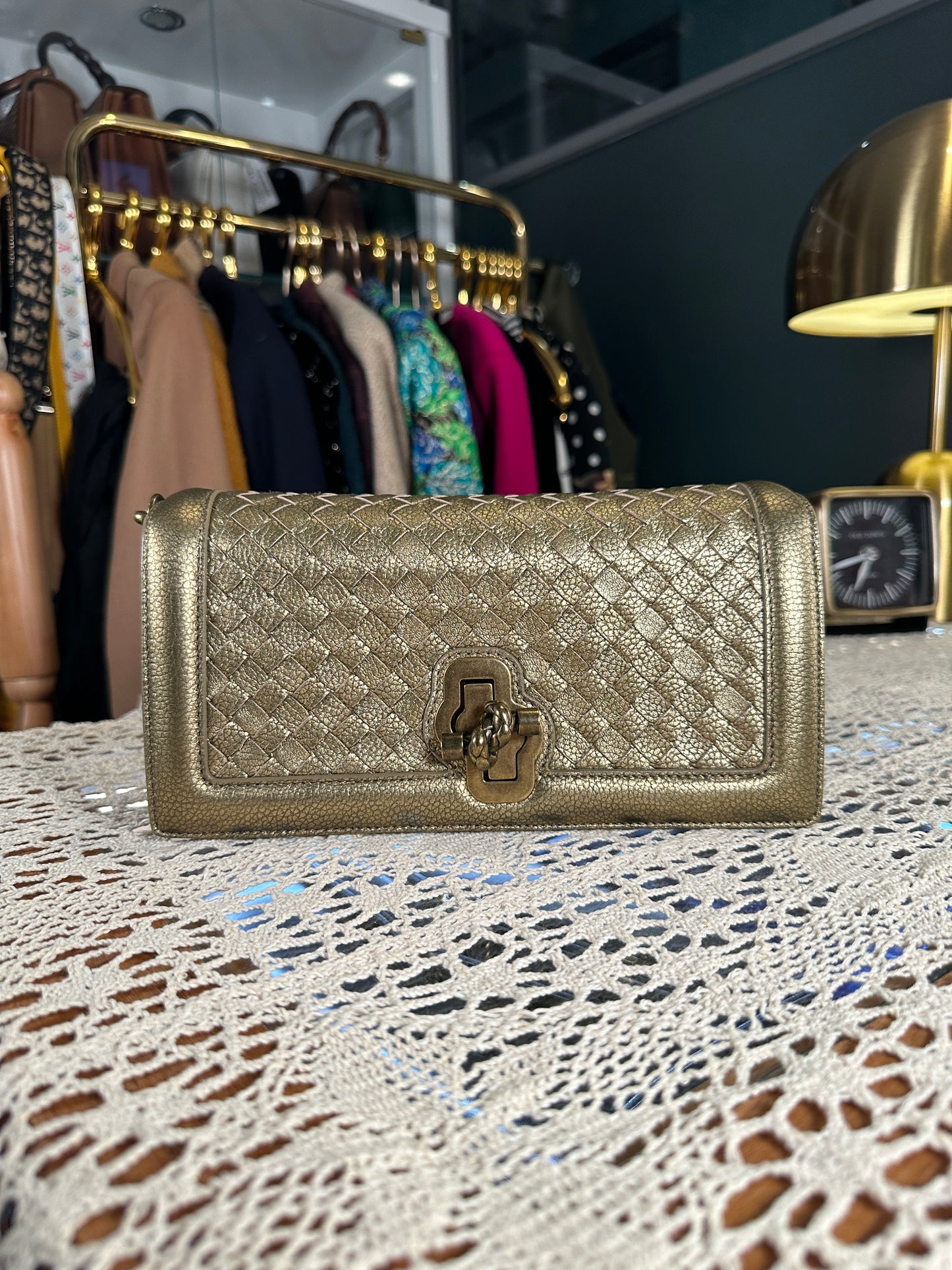 BOTTEGA VENETA 100% Authentic Genuine City Knot Two-way Shoulder Bag, Metallic Khaki, Great Condition