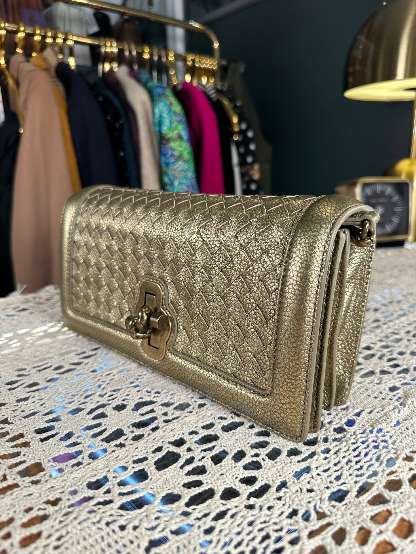 BOTTEGA VENETA 100% Authentic Genuine City Knot Two-way Shoulder Bag, Metallic Khaki, Great Condition