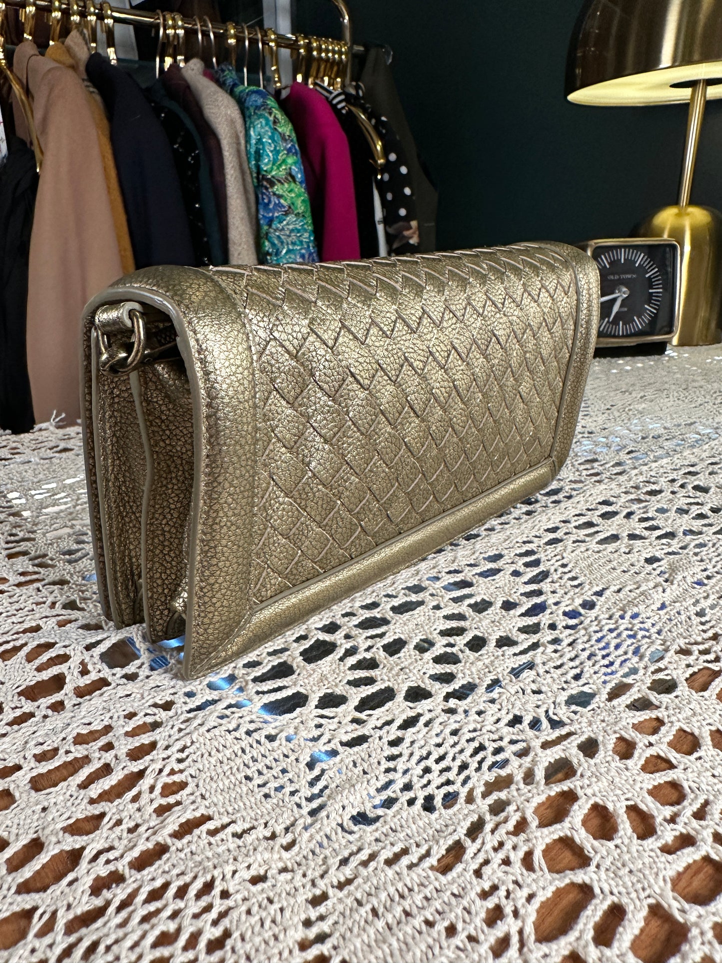 BOTTEGA VENETA 100% Authentic Genuine City Knot Two-way Shoulder Bag, Metallic Khaki, Great Condition