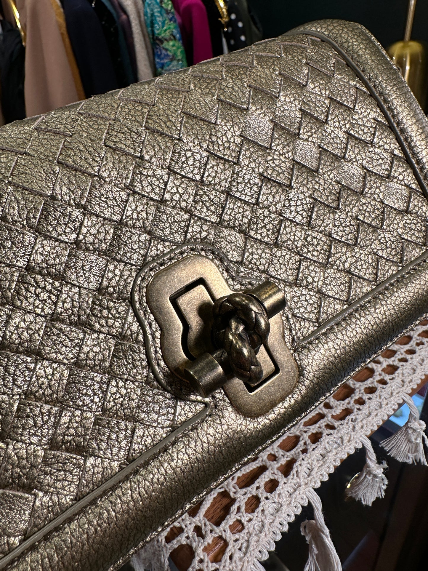 BOTTEGA VENETA 100% Authentic Genuine City Knot Two-way Shoulder Bag, Metallic Khaki, Great Condition